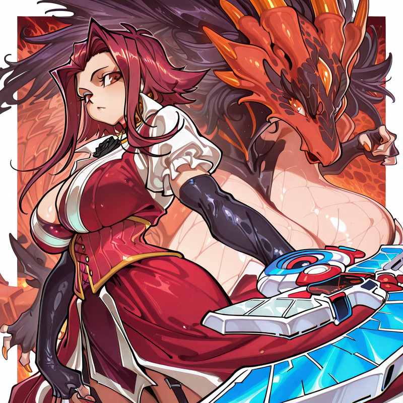 @rella, @yoneyama mai, duel monster , (black rose dragon :1.2), izayoi aki, duel disk, puffy short sleeves, sh