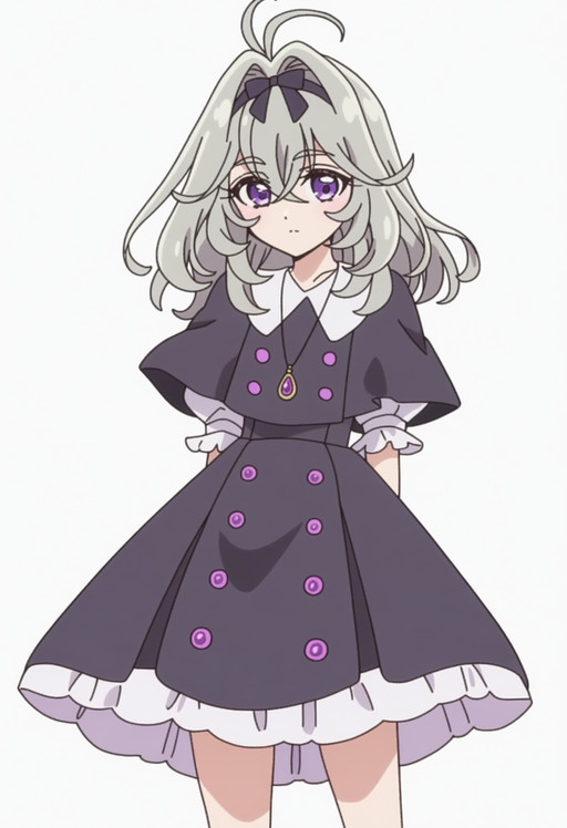 masterpiece, best quality, score_7, amazing quality,, cowboy shot, solo, looking at viewer, transparent background, simple background, white background, <lora:moria-luluka-anime-anima-lora-nochekaiser:1>, moria luluka, long hair, hair between eyes, purple eyes, grey hair, hair bow, medium hair, hair intakes, black hairband, antenna hair, anime screencap, skirt, dress, jewelry, short sleeves, frills, puffy sleeves, necklace, black dress, puffy short sleeves, buttons, capelet, pendant, black capelet, faceplant, workshop, tools, workbench, projects, machinery,