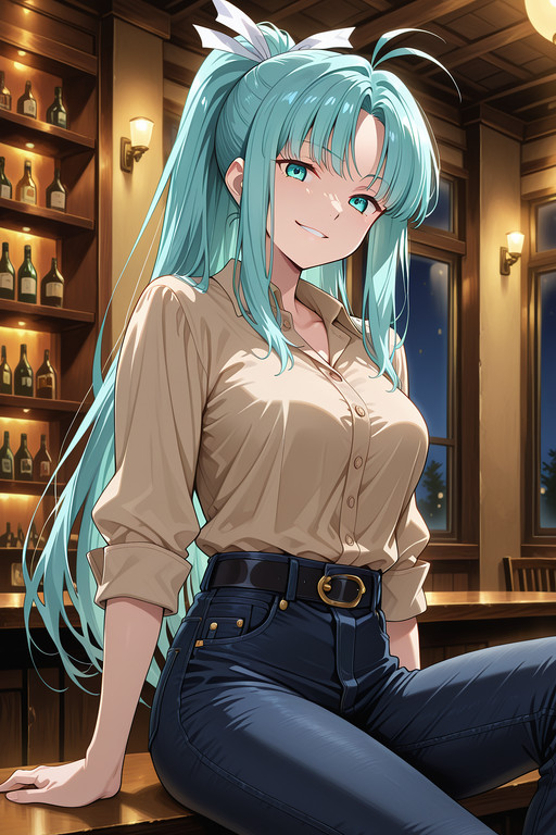 masterpiece, best quality, amazing quality, very aesthetic, absurdres, newest, anime screencap, anime colouring, highres, very detailed, anime, good anatomy, unholy-aesthetic, ultra detailed face,ultra detailed eyes, perfect eyes,

herencia,

night, bar (place), indoors,

1girl, solo,

m1a, aqua hair, parted bang, high ponytail, long hair, antenna hair, sidelocks, aqua eyes, medium breasts,
hair ribbon, white ribbon,

business shirt, beige shirt, black jeans, (low jeans:1.2), black belt, rolled up sleeves,

{
standing|
standing, from below|
standing, hands on hip|
dynamic pose|
standing, bent over, close up|
standing, hands behind head|
standing, bent over, from above|
standing, bent over, from below|
standing, bent over, from above, close up, hands behind head|
standing, bent over, from below, close up, hands behind head|
sitting|
sitting, presenting foot, sole, from below|
from behind, ass|
from behind, ass support
},

sadistic smirk, 

looking at viewer,

addmicrodetails,
