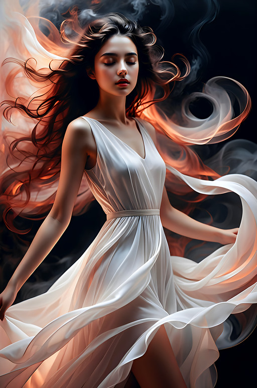 a beautiful young woman stands before a dark background under soft, atmospheric lighting, her face is pretty and framed by loose waves of hair that cascade down her back; she has closed eyes and tilts her head upwards slightly as if lost in deep thought or a trance-like state, looking away from the side, the scene possesses a dreamlike quality filled with movement and energy, the dress she wears is pure white, creating striking contrast against the dark backdrop, its fabric seemingly flowing dramatically even when still captured in an image due to wind effects implied by her posture, the mood should be ethereal yet thoughtful - not just playful or whimsical but also conveying a sense of deep introspection, mystery, and perhaps a touch of symbolic significance related to dreams or inner states, enhance the surrealism, maybe slightly distorted perspective on the background, adding subtle details like faint glowing lines near her eyes or an aurora subtly visible in the darker areas behind, the overall style is detailed and intricate, capturing an absorbing moment with a sense of intimacy and depth, this image should feel almost alive, representing a best quality piece with high resolution (8k), and rich detail, artistic style, detailed surrealism, dreamlike concept, ethereal beauty, absurdres, masterpiece, 8k, high detail, intricate, best quality