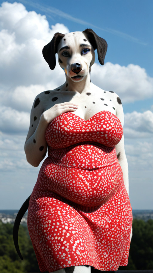 solo, female, sky, clouds,   anthro dalmatian, (red strapless Dress,:1.2)  covered saggy breasts,  old, chubby, large, ( detailed blue eyes,:1.1)   looking pleased,  (tail,:1.1)