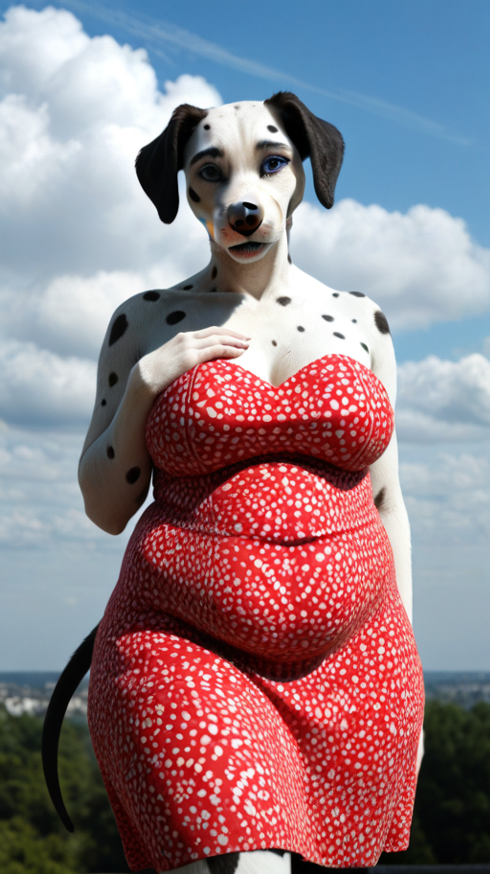 solo, female, sky, clouds,   anthro dalmatian, (red strapless Dress,:1.2)  covered saggy breasts,  old, chubby, large, ( detailed blue eyes,:1.1)   looking pleased,  (tail,:1.1)