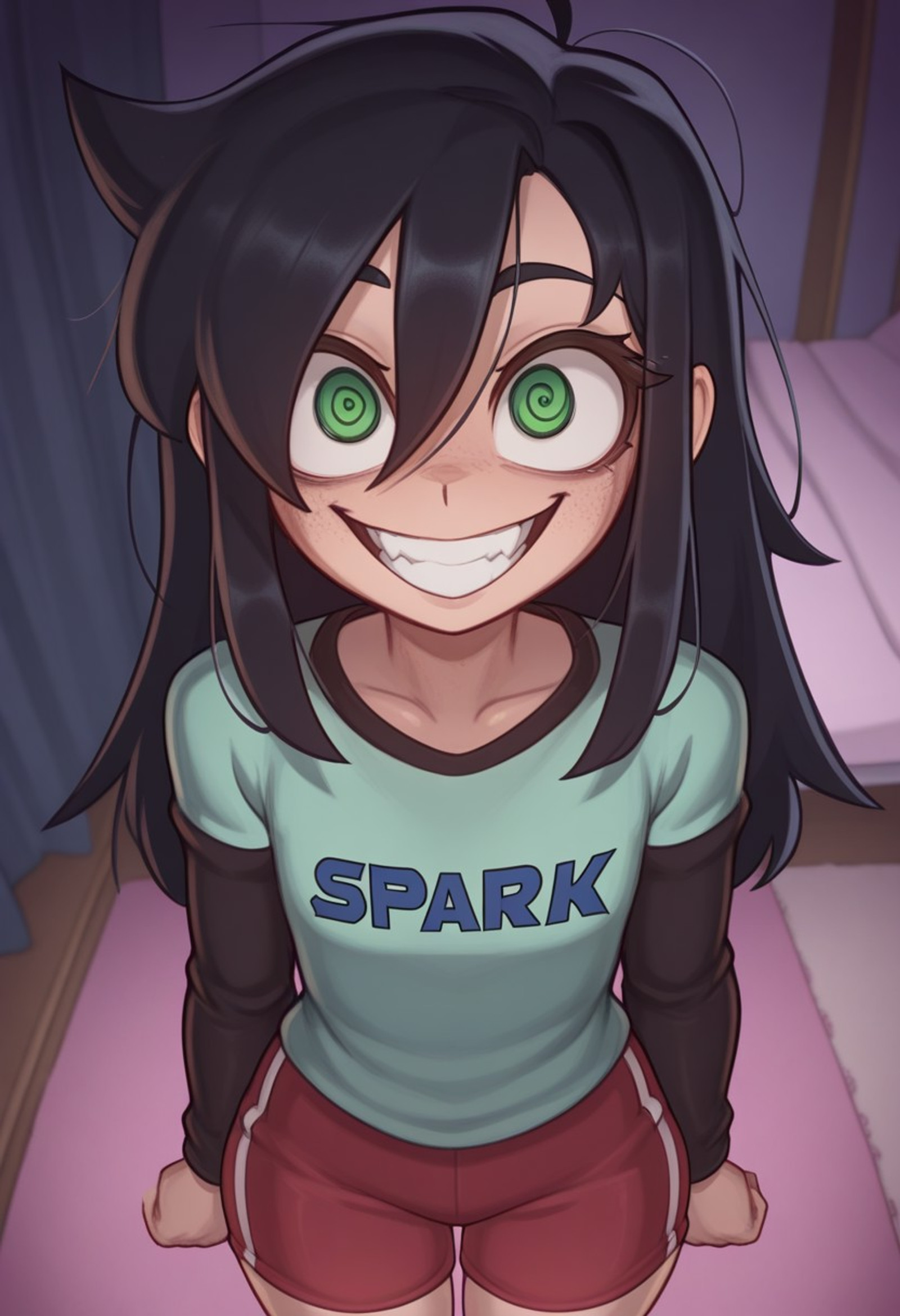 crazy smile, wide grin, mxpln,Tomowata,black hair, spiral eyes, no pupils,green eyes, eye bag,Long hair, messyhair, unkempt strands over head and shoulders, shortstack, 1girl, sapkusht, teal shirt, ''spark'' written on shirt, black sleeves,  black colored sleeves on shirt,   ,sport shorts, red shorts, track short,
 looking at viewer, pink bedroom, from above, <lora:mxpln-v2-illustrious-ty_lee:1>