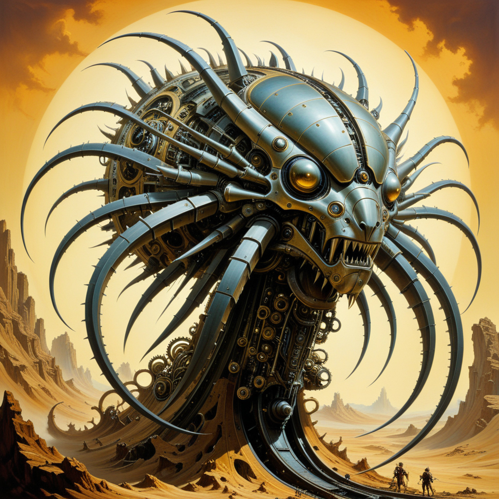 by Gerald Brom and Salvador Dali, (mechanized forms, masterful, beautiful:1.4), poster art, bold lines, hyper detailed, expressive,
 award winning, (otherworldly creature:1.4), (intricate details, masterpiece, best quality:1.4), looking at viewer, dynamic pose,
 wide angle view, <lora:add-detail-xl:1> ,<lora:xl_more_art-full_v1:0.5>, aidmaImageUpgrader ,<lora:clear:1>,  <lora:aidmaImageUpgraderSDXL-v0.3:1>