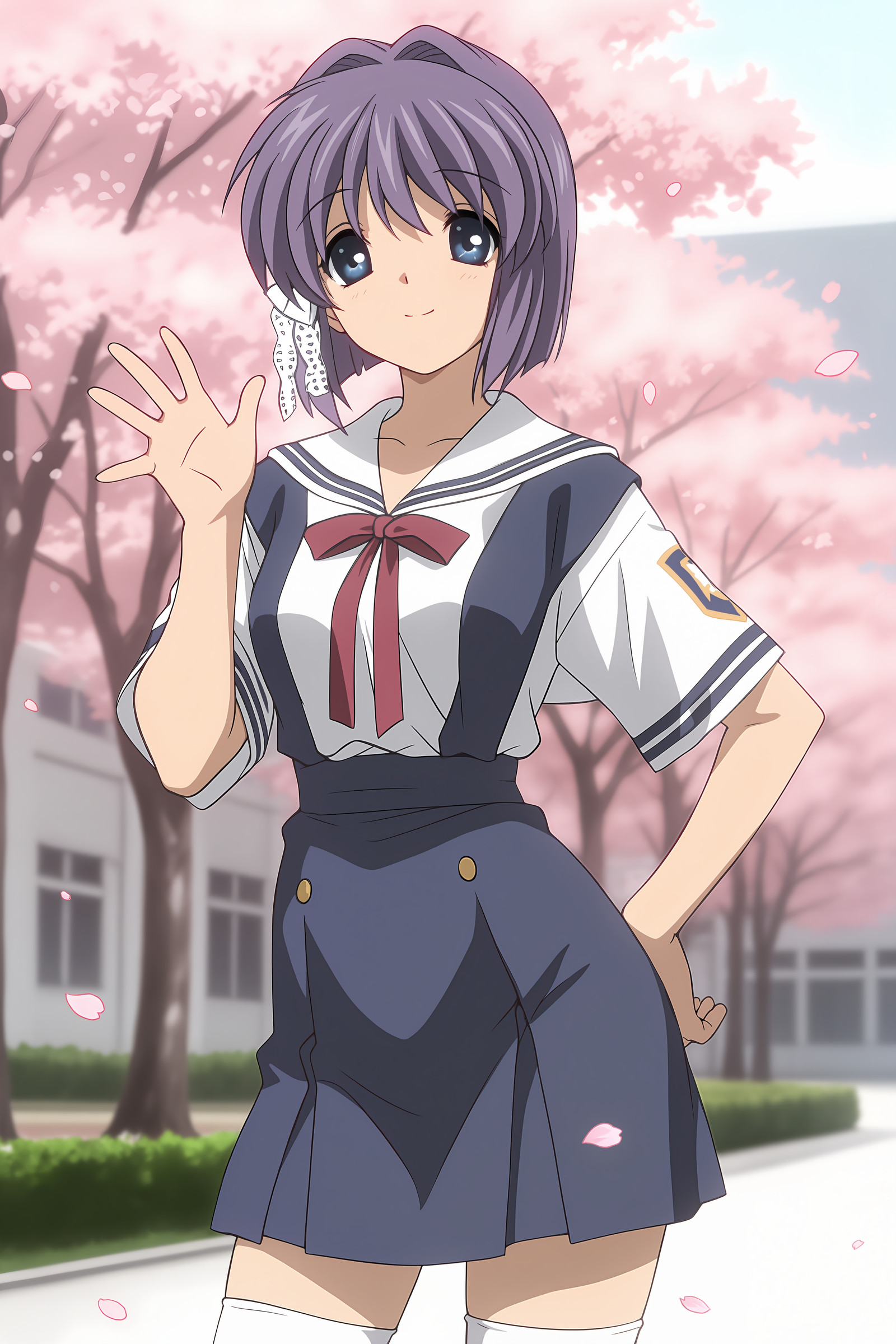 masterpiece, best quality, amazing quality, absurdres, ikeda kazumi, anime coloring, <lora:Character/Char-Fujibayashi_Ryou-V1-IL.safetensors:0.9>, 1girl, fujibayashi ryou,hair ribbon, solo, white sailor shirt, red neck ribbon, short sleeves, blue suspender skirt, white thighhighs, hand on hip, looking at viewer, smile, standing, waving, contrapposto, cowboy shot, outdoors, school, cherry blossoms, petals, depth of field <lora:Character/Char-Fujibayashi_Ryou-V1-IL.safetensors:0.9>
