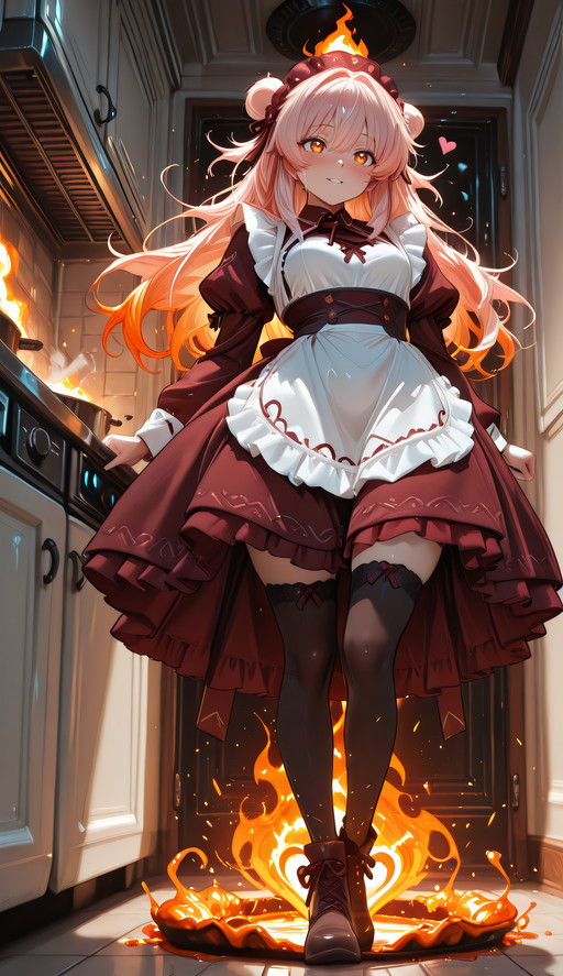 masterpiece, best quality, ultra detailed, cinematic anime style,
1girl,
full body,
civchan,
Heart on Fire theme,
standing over a stovetop,
melting sugar in a pan shaped like a heart mold,
the sugar turning dark amber and beginning to flame,
orange fire rising from the pan,
warm light illuminating her face,
focused but slightly playful expression,
subtle blush from heat,
embers floating upward,
dramatic kitchen shadows,
high contrast lighting,
heat waves visible in the air,
symbolic love overheating,
cinematic realism,