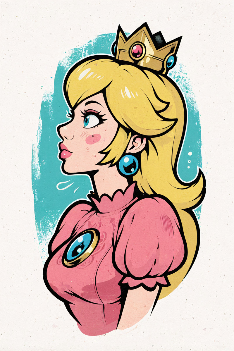 masterpiece, best quality, absurdres, stylized, SkorbzV2, princess_peach, aqua background, fantasy, from side,