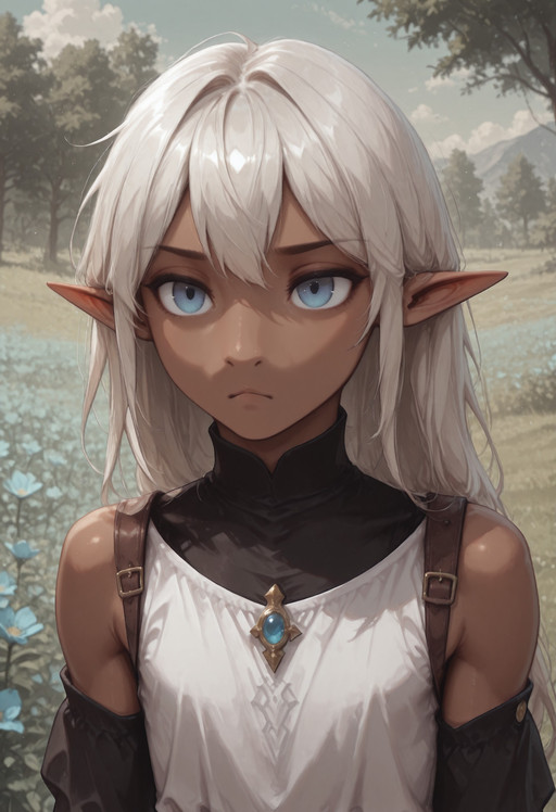 1 girl, ((solo)), androgynous, (Lapanya), ((3-fingers-1-thumb)):1.2, pointy ears, Garial, ((blue eyes)), athletic body type, black detached sleeves, white tunic, brown shoulder straps,simple top, pretty, gold brooch, oval brooch, blue gemstone,
Neutral expression, closed mouth,
Outdoors background, sky, clouds,  trees, blue flowers,
clean lines, high quality, best quality, masterpiece, ((detailed fingers, perfect fingers, perfect nostrils)), rating: safe,