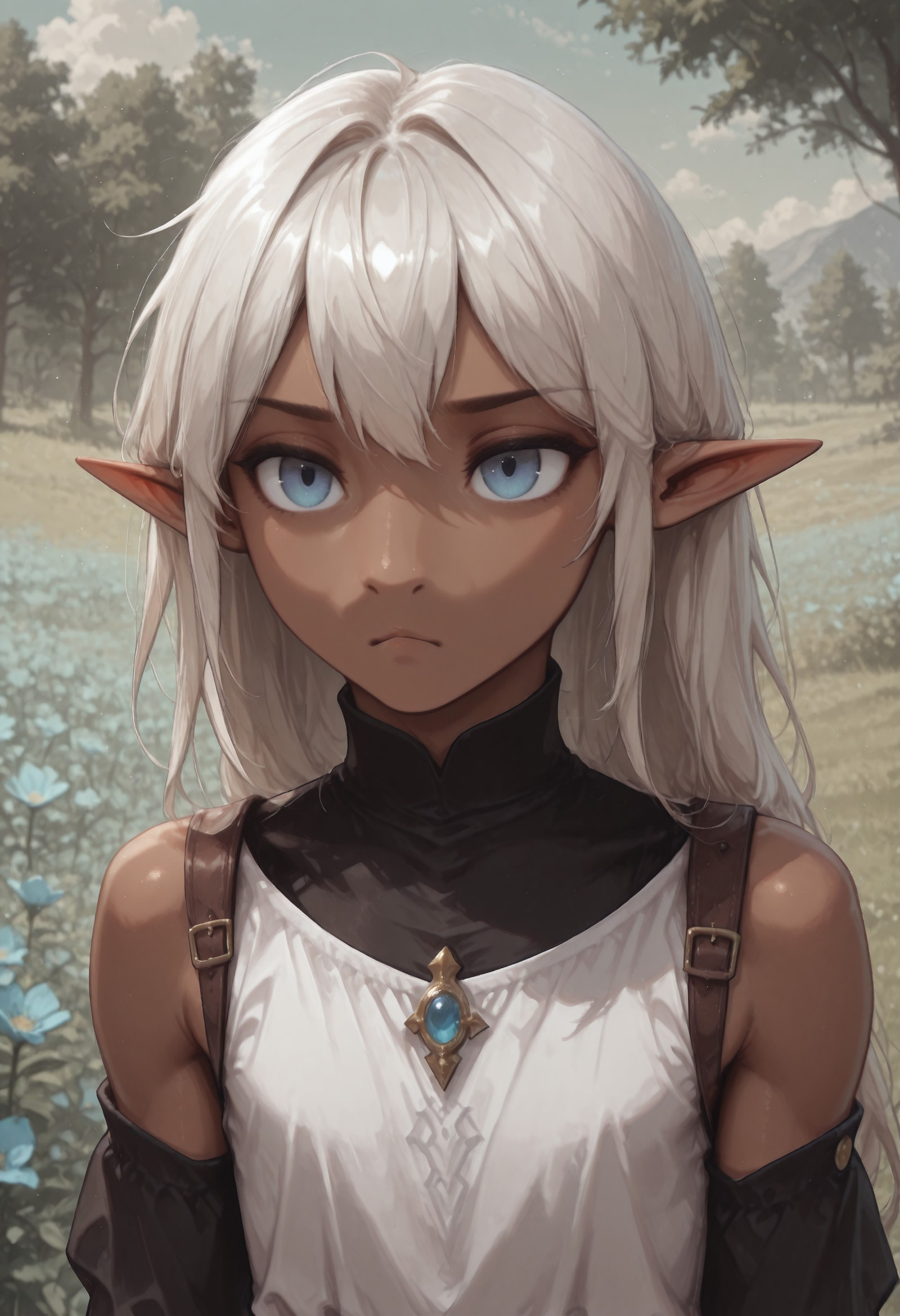 1 girl, ((solo)), androgynous, (Lapanya), ((3-fingers-1-thumb)):1.2, pointy ears, Garial, ((blue eyes)), athletic body type, black detached sleeves, white tunic, brown shoulder straps,simple top, pretty, gold brooch, oval brooch, blue gemstone,
Neutral expression, closed mouth,
Outdoors background, sky, clouds,  trees, blue flowers,
clean lines, high quality, best quality, masterpiece, ((detailed fingers, perfect fingers, perfect nostrils)), rating: safe,