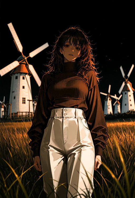 Art8st, masterpiece, best quality, 1girl, adult, mediium hair, messy hair, dark brown hair, black eyes, tired eyes, brown turtleneck sweater, ribbed collar, long sleeves, baggy white pants

liminal space, black sky, darkness, dim cold lighting, grass, one windmill in the distance, high contrast, depth of field, dynamic view
