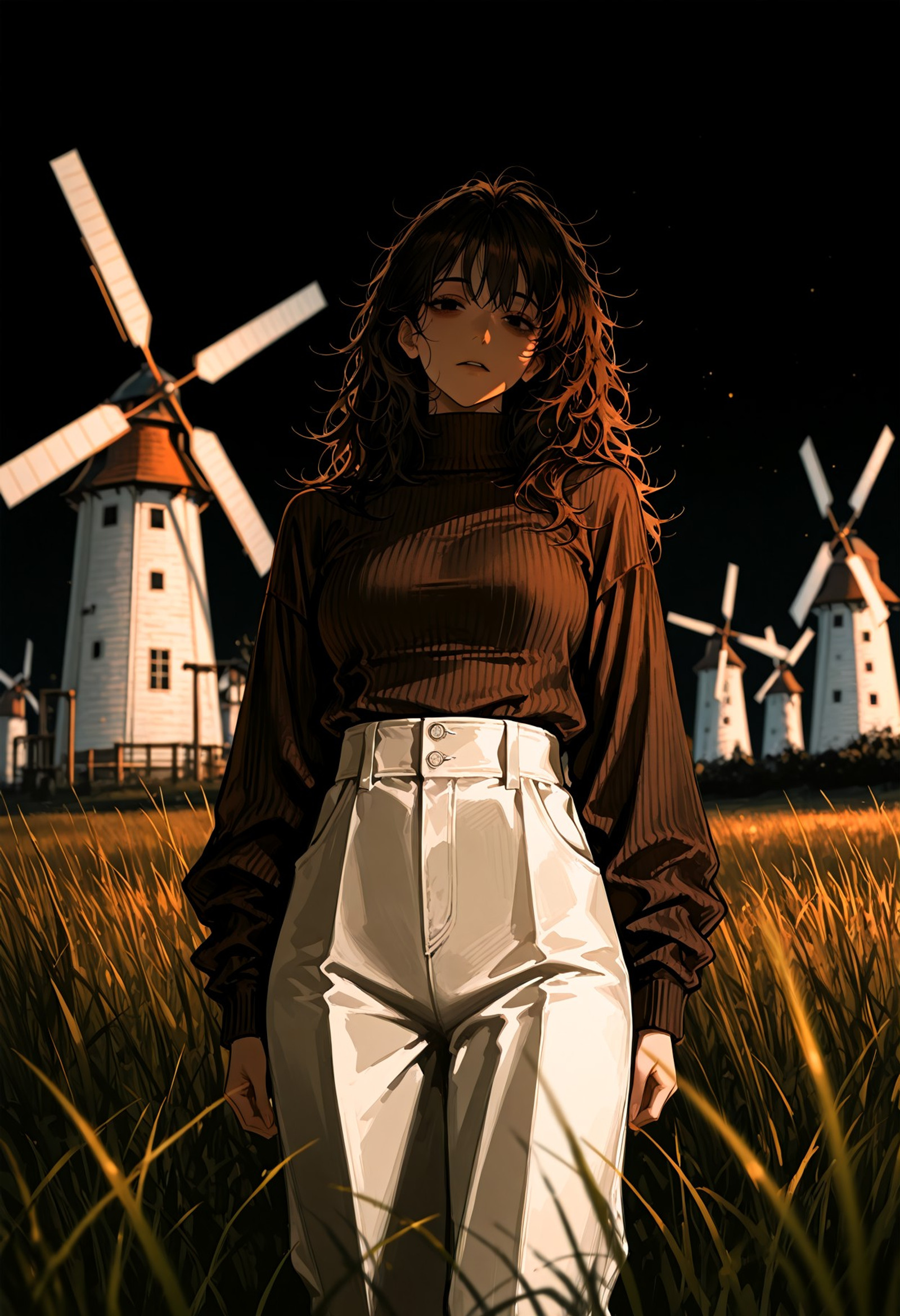 Art8st, masterpiece, best quality, 1girl, adult, mediium hair, messy hair, dark brown hair, black eyes, tired eyes, brown turtleneck sweater, ribbed collar, long sleeves, baggy white pants

liminal space, black sky, darkness, dim cold lighting, grass, one windmill in the distance, high contrast, depth of field, dynamic view