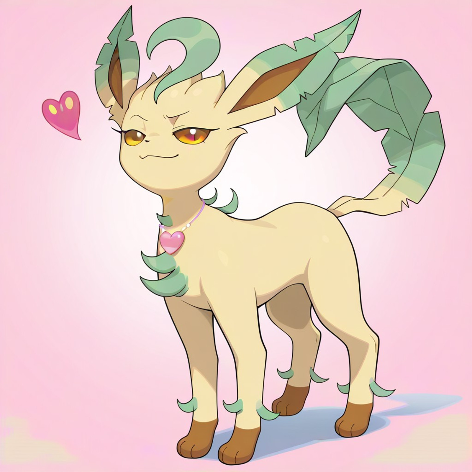 (((SFW, safe for work, PG, clean))))
leafeon, pokemon (creature), quadruped, light yellow fur, brown paws, brown eyes, green markings, simple eyes
female, girly, (((long eyelashes))), very feminine 
stands proudly, chest puffed out, raised head, arched eyebrows, assertive stance, bottom view, chin up, bright and expressive eyes, playful attitude, body turned slightly to one side, expressive eyes, ((((((dynamic pose))) 
full body, solo, (((wearing pink heart necklace))), front view, (((smug))), long eyelashes, (((tough))), girly, standing confidently, solo, happy, smiling, smirk, (((light pink background))), (standing), full body view, open eyes, closed mouth, pokemon_style, flirty 
masterpiece, best quality, amazing quality, score_9, score_8, score_7, no humans, 8k, best quality, amazing quality, (((safe_pos)))