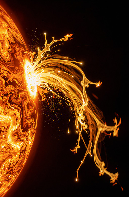 A massive, turbulent stream of incandescent plasma erupts diagonally across the frame from upper left to lower right against a deep, star-streaked void, its fiery tendrils glowing in intense orange and yellow hues that pulse with dynamic heat and motion. The eruption begins at the edge of a large celestial body visible only partially on the left, where its limb is rendered in rich, turbulent texturesâswirling gas clouds caught mid-explosion, radiating energy like molten fire. Brighter filaments of plasma arc outward from this core, their edges sharp with luminous clarity and trailing faint particles that disperse into the darkness, creating a sense of cosmic chaos. The background remains uniformly black save for scattered pinpricks of distant starlight, enhancing contrast and emphasizing the sheer scale and intensity of the event. Warm, fiery lighting dominatesâdominated by intense orange and yellow tones from the plasma itselfâwith no distinct shadows, only glowing highlights that define form through light rather than form itself. The composition guides the eye along the powerful diagonal flow, evoking a sense of explosive movement and boundless energy in an otherwise vast, silent universe.