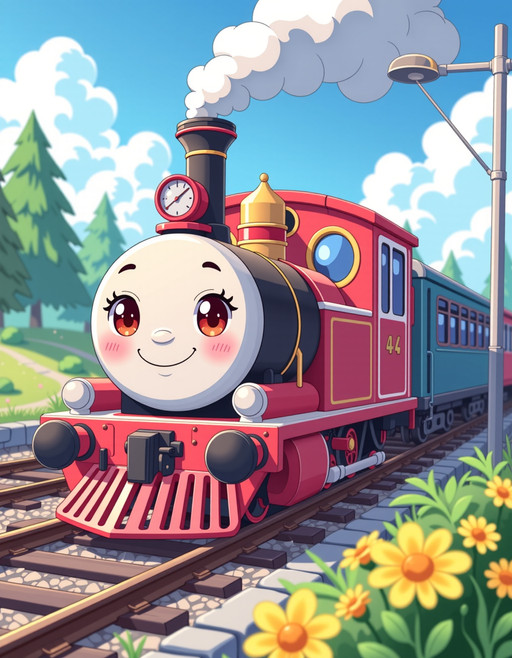 kawaii style, train
, cute, adorable, brightly colored, cheerful, anime influence, highly detailed
