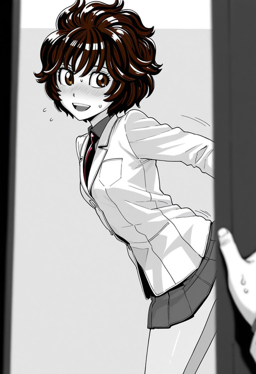 1girl,shiny skin,  <lora:marnie_ill1_v3:1> toshimarnie, short hair, brown hair,brown eyes,messy hair,,school uniform,necktie,collared shirt,white blazer,pleated skirt,small breasts,
BREAK
from below,smile,from behind, hidden camera,looking away, from side, bending forward,
BREAK
masterpiece,best quality,amazing quality,black eyes,solo,
monochrome,
sweat, rec,pov hand, molesting from
behind, embarrassed, skirt lift, open mouth, moving layer, motion line,