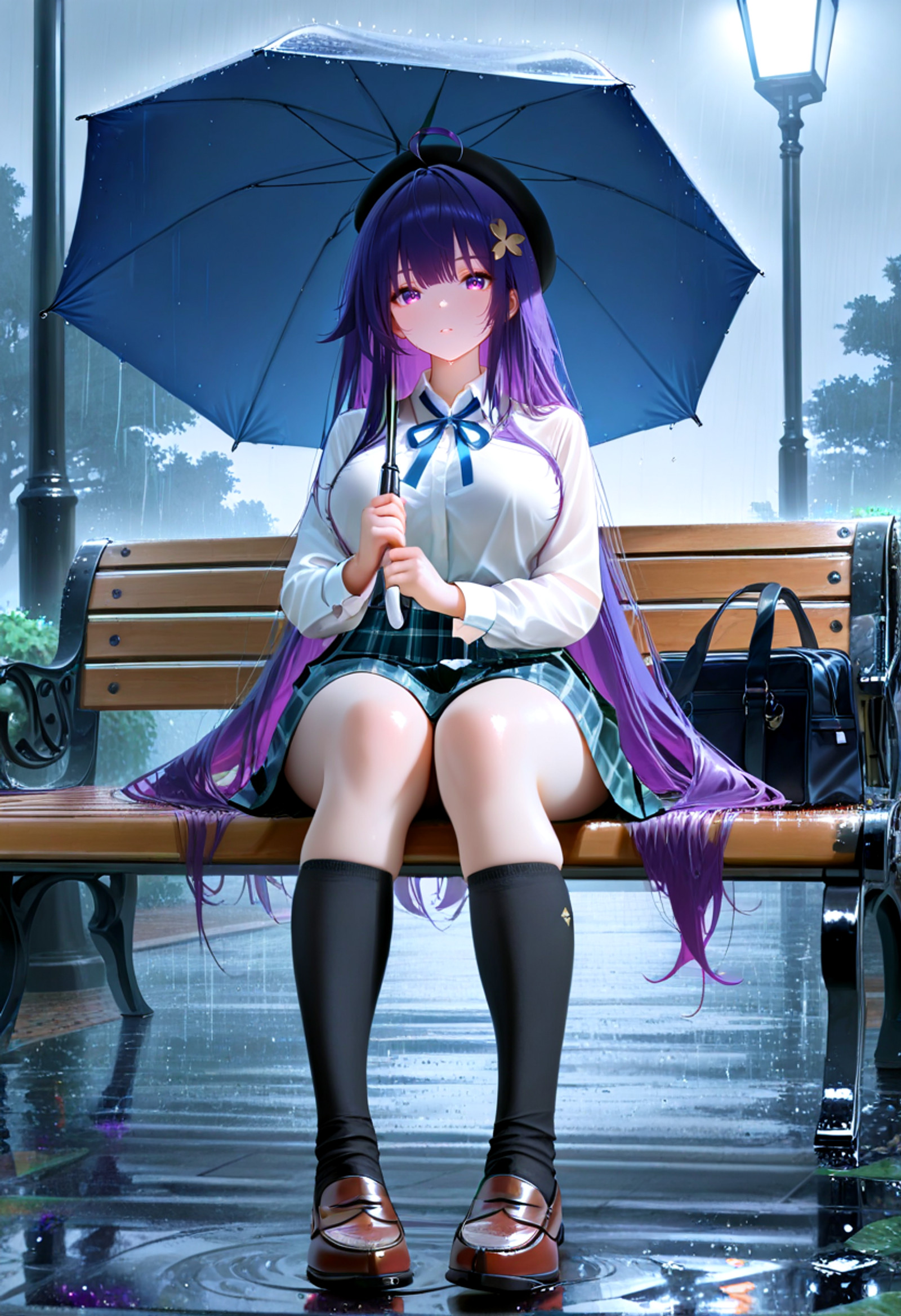 <lora:uneaystyle_dn:1>,masterpiece,best quality,soft lighting,(volumetric lighting),
1girl,solo,long hair,looking at viewer,bangs,skirt,shirt,hair ornament,long sleeves,hat,ribbon,holding,sitting,very long hair,school uniform,purple eyes,white shirt,purple hair,ahoge,pleated skirt,shoes,socks,collared shirt,bag,black footwear,plaid,kneehighs,black headwear,neck ribbon,beret,umbrella,plaid skirt,brown footwear,blue ribbon,black socks,loafers,school bag,holding umbrella,full body,eyes_focus,rain,outdoors,park bench,