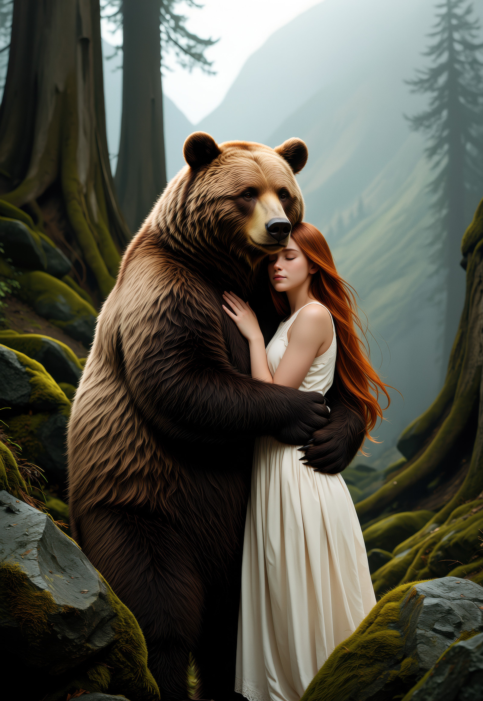 masterpiece, best quality, highres, score_7, score_8, score_9, newest, real life, realistic, photo (medium), 1girl, bear, long auburn hair, flowing hair, pale ivory sleeveless dress, eyes closed, serene expression, cheek resting against chest, arm around fur, large brown bear, thick dark shaggy fur, standing upright, calm expression, protective pose, foreleg around waist, gentle embrace, misty old-growth forest, moss-covered rocks, towering tree trunks, foggy mountain slopes, overcast daylight, diffused soft light, cool forest mist, muted green tones, gray atmosphere, warm brown fur, centered portrait, mid-body shot, shallow depth of field, detailed fur texture, fur strands, detailed skin, subsurface scattering, cinematic fantasy, tender mood, serene atmosphere, no text, no watermark. A young woman with long flowing auburn hair rests her cheek peacefully against the chest of a large brown bear standing upright among mossy old-growth forest trunks, her pale ivory dress soft against its thick dark shaggy fur as the bear's massive foreleg curls with careful gentleness around her waistâmoss-covered rocks and distant fog-blurred mountain slopes framing them in cool muted greens and grays, soft overcast light falling across the tender, cinematic scene from above.
