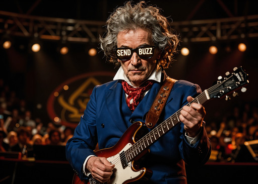 portrait of a very cool looking Ludwig van Beethoven playing electric guitar centered on stage at a massive concert venue, incredibly detailed facial features, skin texture. beautiful deep colors. Wearing a blue suit and sunglasses. The words "SEND BUZZ" glowingly written on his sunglasses. Zoomed out enough to see the stage around him
<lora:Z-Detail-Slider:1.0>   <lora:Midjourney_Luneva_Cinematic_v1:0.4>