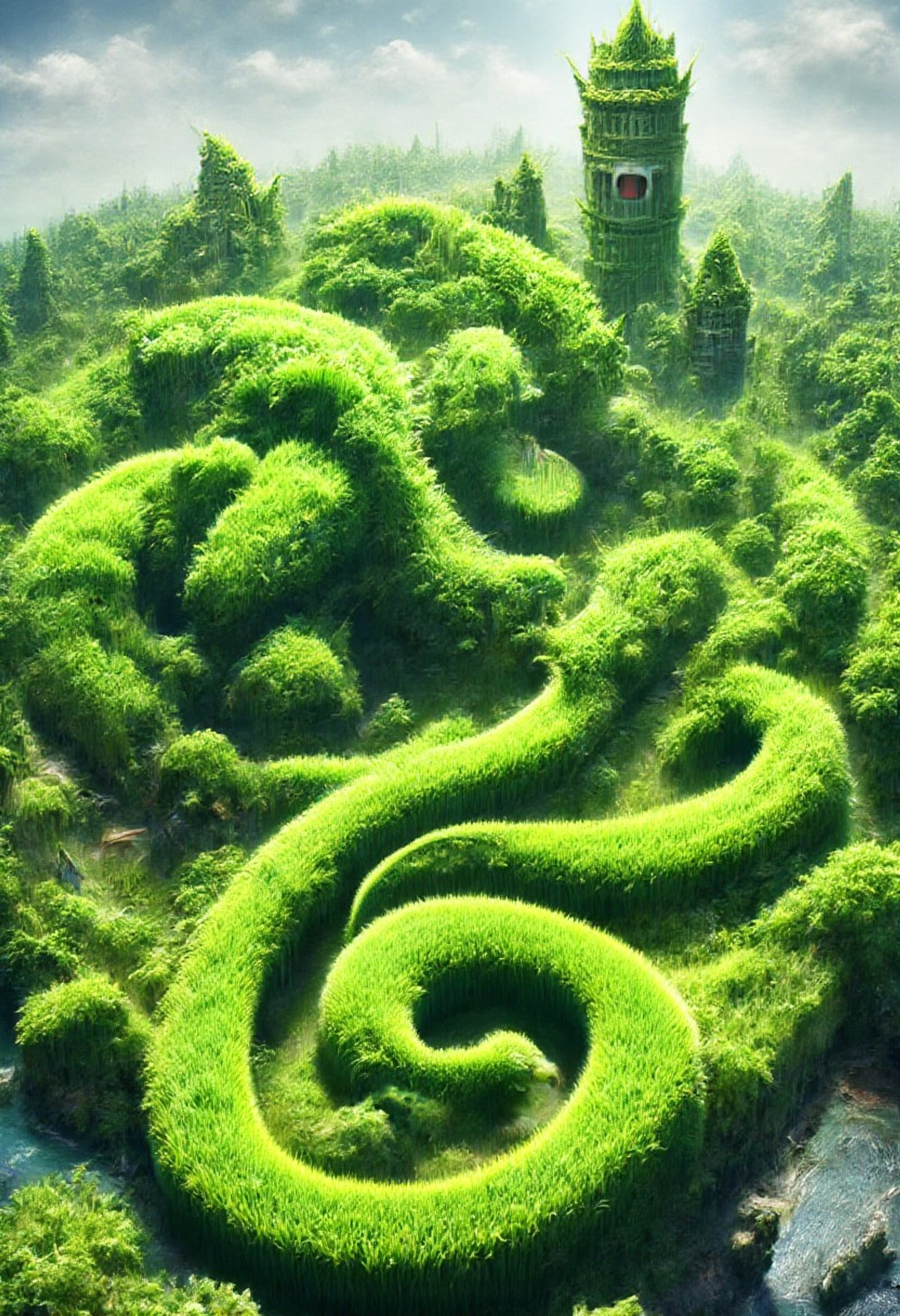 A massive dragon constructed entirely from woven grass and vines coils around a grassified castle shaped like a giant topiary maze.
It breathes gusts of flying grass clippings instead of fire, trimming the towers as it roars.
Villagers below ride lawnmowers like medieval horses in a parody of epic fantasy battles.
The environment turns every stone wall and banner into lush green turf.
The mood is epic yet comedic, mixing high fantasy with suburban lawn care chaos.
Illustrated in dramatic fantasy style with extreme detail in blades, leaves, and swirling motion.
Stormy green clouds and radiant sunlight clash for a theatrical, humorous sky.,  crisp focus, sense of scale, crisp depth, vivid colors, Masterpiece, best quality, amazing quality, 8K-quality, just describe as grass,