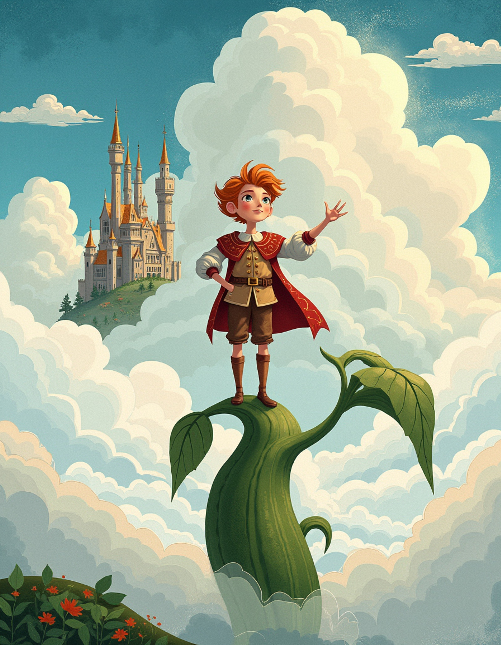 Whimsical, storybook-inspired folk art with flowing, dreamlike details. A young Medieval boy named Jack standing triumphantly at the top of a colossal bean stalk. His eyes are wide with wonder as he gazes across the vast expanse of clouds beneath his feet. High up in the sky, surrounded by wisps of fluffy white clouds, he sees a majestic castle in the distance. The castle's towers pierce through the cloud cover, their golden rooftops gleaming under the radiant sunlight. The scene is both magical and grand, capturing the sense of adventure and awe. Masterpiece, intricate lines, intriguing atmosphere, sharp magnificent details, delicate features, elaborate details, (2\3 rule composition:0.5), ultra detailed, romantic, rich deep, <lora:Storybook_Folk_Art:1>