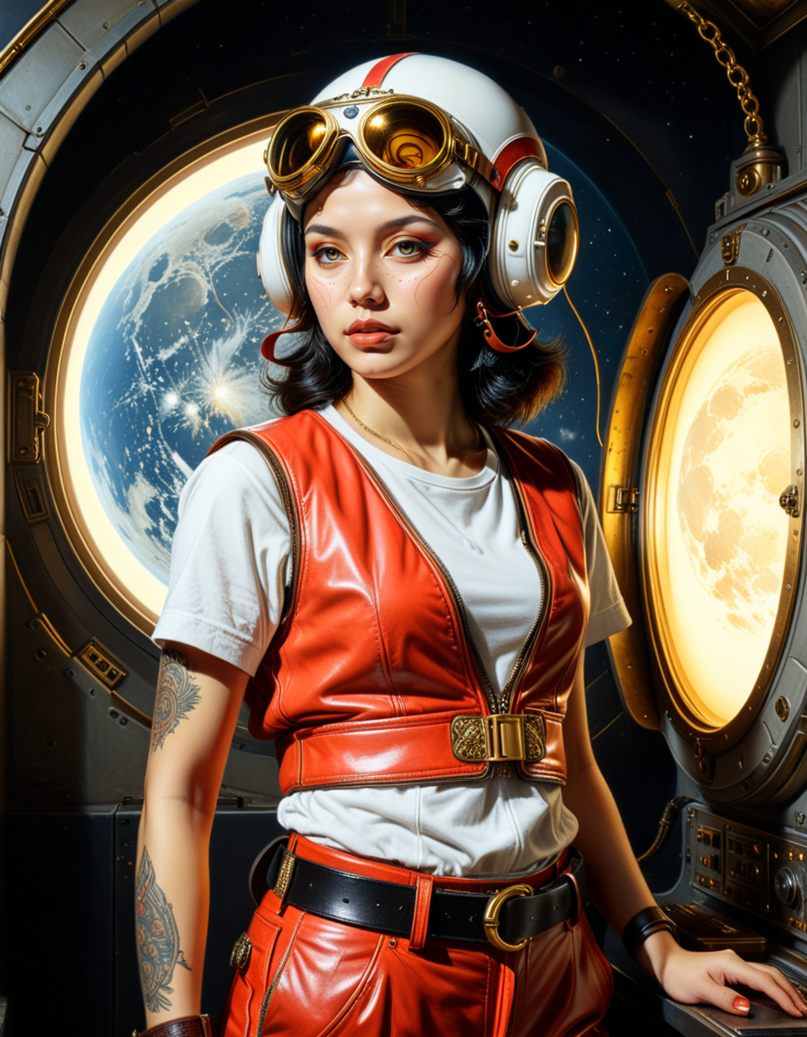 Rembrandt realistic oil painting, retro artstyle, ArsMJStyle, Colored pencil hyperdetailed realism, 8k high quality digital painting, very detailed, ultra realistic, (best quality) very detailed masterpiece, young Asian woman wearing white t-shirt with red vest, aviator helmet with goggles, leather pants
 and belt, medium length black hair, circuitry lines tattooed on one of her arms , background is on a space station with a window 
in background overlooking an alien moon ,  baroque style, gold, marble, very dramatic lighting,much shadow, Rembrandt style, Vermeer style, low saturation, realistic realistic, realism, photo realistic oil painting, photo 
realistic painting, aidmaImageUpgrader ,<lora:clear:1>,<lora:xl_more_art-full_v1:0.6>,  <lora:aidmaImageUpgraderSDXL-v0.3:1>,<lora:Hyperdetailed_Colored_Pencil:0.6>