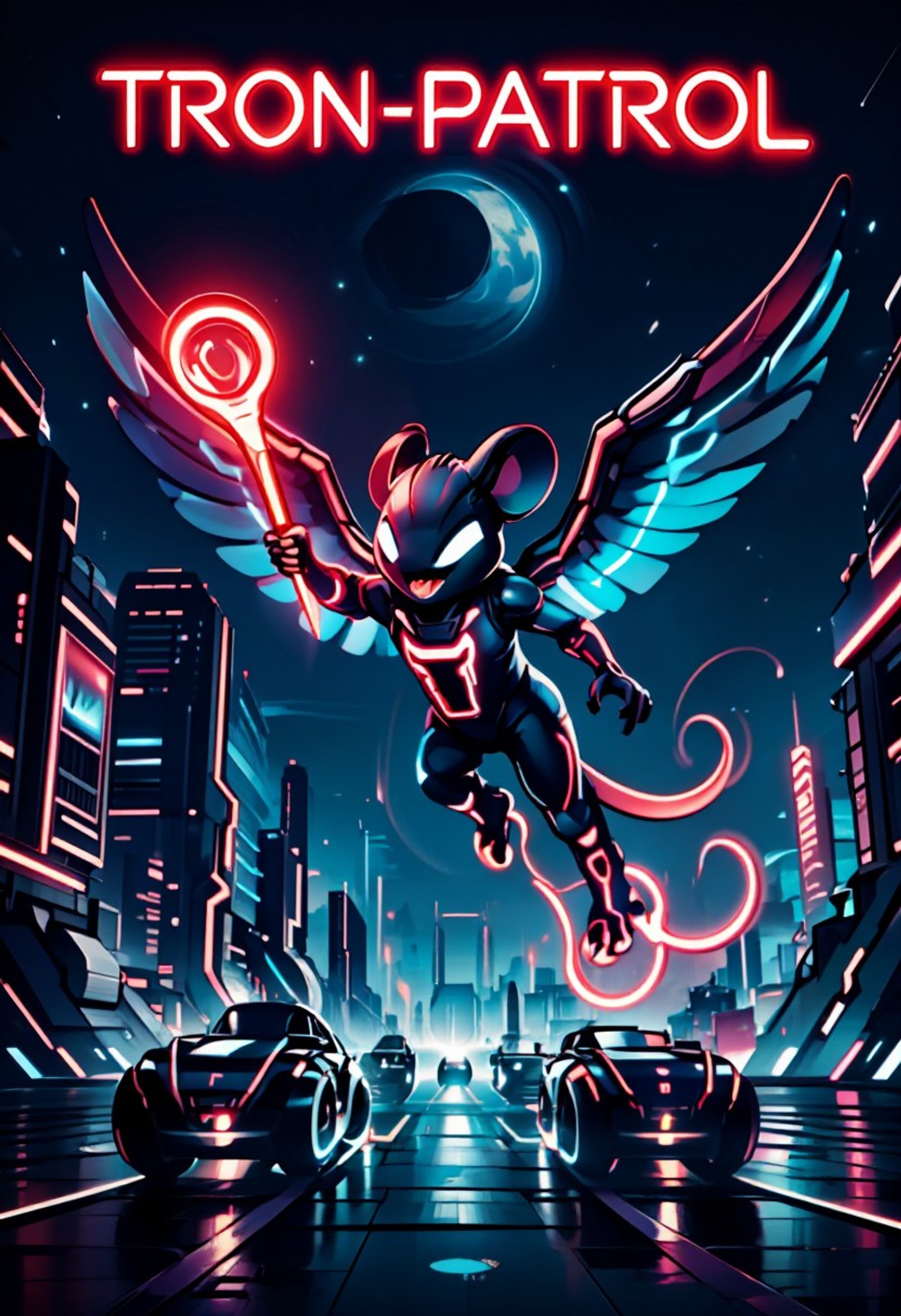 scifi and tech neon city theme, futuristic, futurism, (glowing red neon title text "TRON-PATROL" in futuristic TRON font). postapocalyptic, very colorful neon science fiction cityscape, made of neon, flying chibi glowing (winged hero mouse) holding giant red neon glowing magic wand, flying midair with oversized wings made of very colorful neon lights, dramatic (swirling) Milky Way planet system. futuristic cityscape with futuristic TRON like neon vehicles, looking at viewer, laughing with open mouth, perfect big funny eyes, colorful dynamic neon tech objects and neon city background. close up
