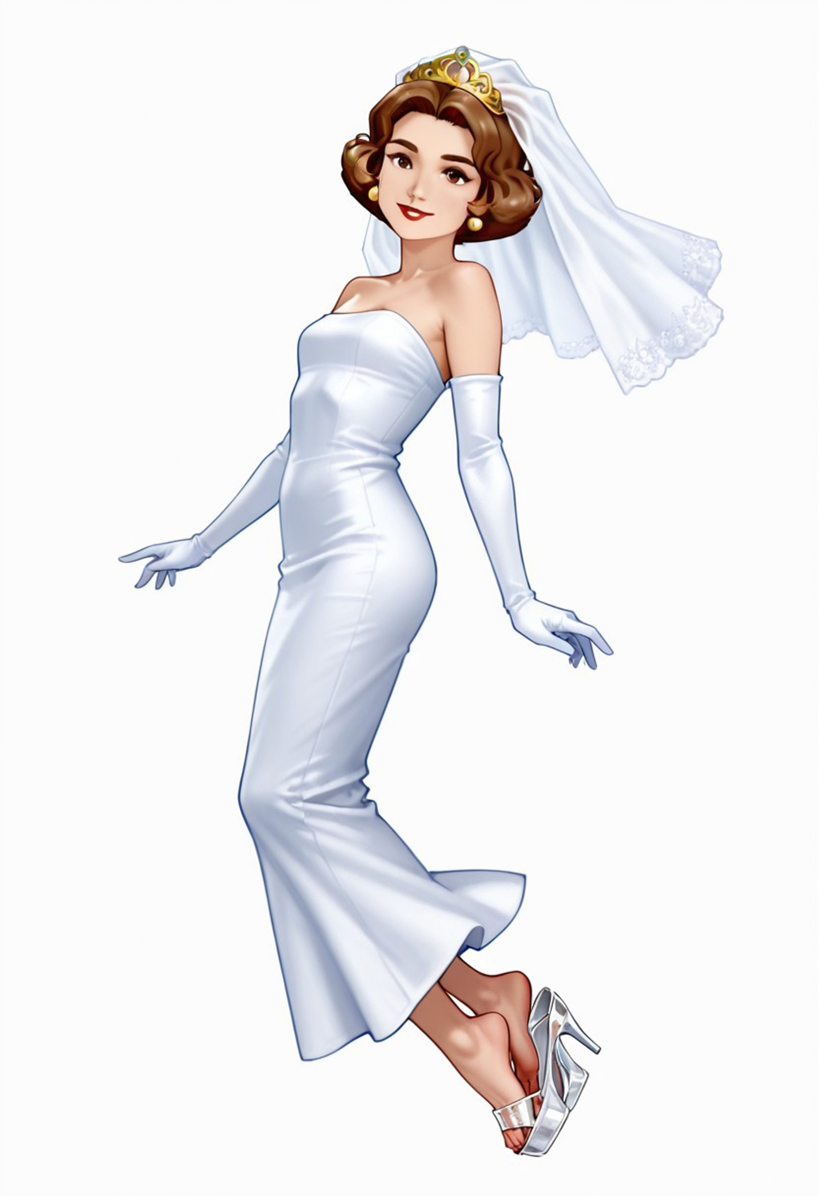 1girl, solo, Miss Danvers, Brown Hair, Jewelry, Earrings, Short Hair, Brown Eyes, Red Lipstick,
Simple background, white background, floating, smile, looking at viewer, leaning back, side view, Full body, barefoot, perfect barefoot, 5toes, 
Wedding pencil Longest dress, off shoulders, strapless, elbow gloves, Wedding veil, Golden tiara, white glass slippers high heels sandals, sandals platform transparents,