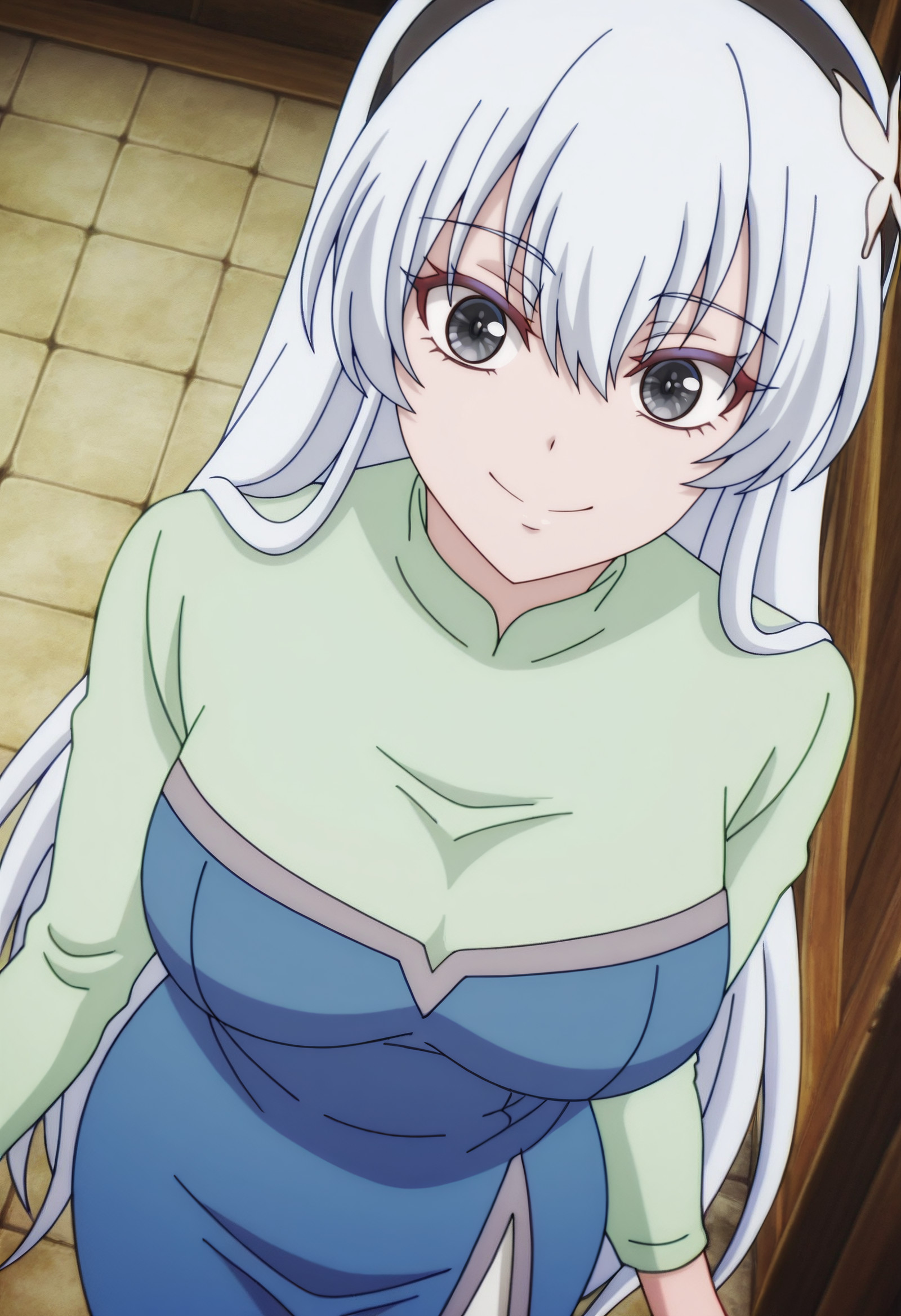    masterpiece, best quality, amazing quality, anime_screencap, anime_coloring, Contented smile, eyes sparkling, feeling cherished, MGYKrasia, long_hair, very_long_hair, hairband, black_hairband, white_hair, hair_between_eyes, grey_eyes,  solo, KrasiaDress, long_sleeves, blue_dress, green_shirt, hair_ornament, butterfly_hair_ornament, long_dress,  from above, front view, high-angle view, <segment:girl's face,0.55,0.2//cid=11> Contented smile, eyes sparkling, feeling cherished, MGYKrasia, long_hair, very_long_hair, hairband, black_hairband, white_hair, hair_between_eyes, grey_eyes, 