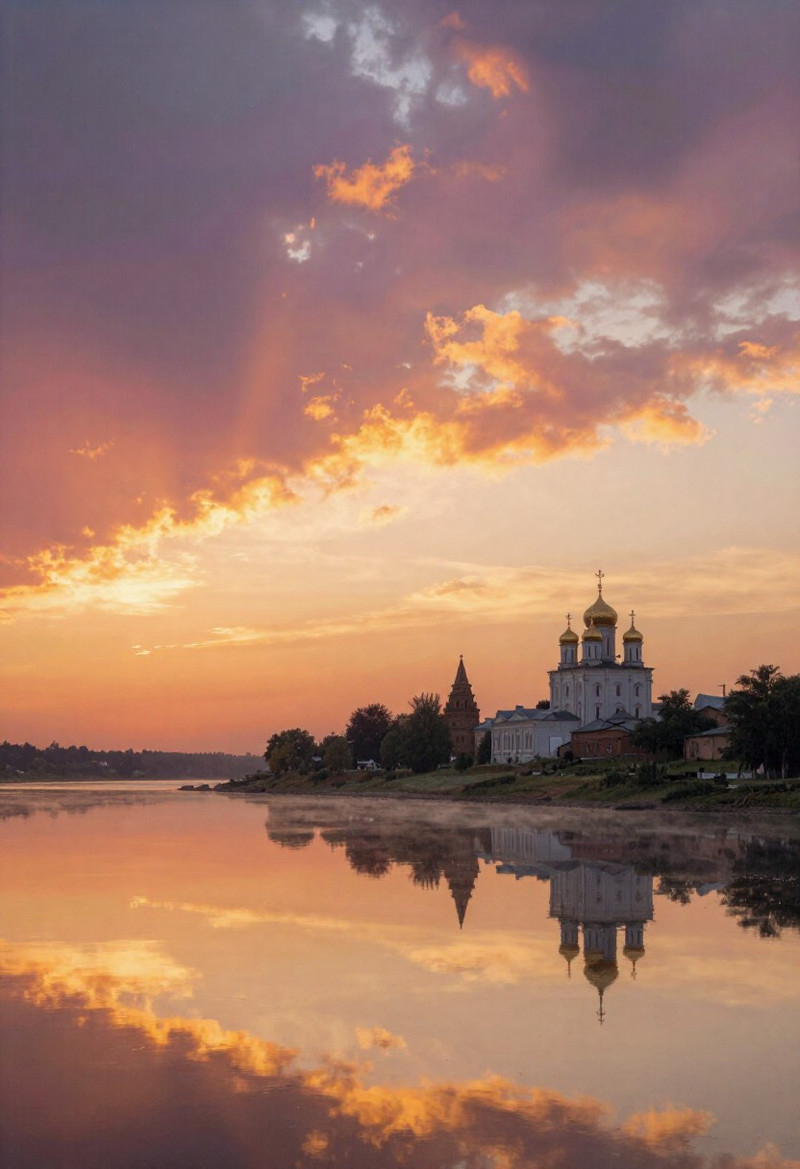 Amivireg art style, Epic panoramic view of the wide Volga River near Yaroslavl at dramatic sunset, vast sky fi