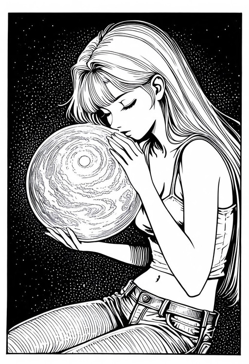 <lora:quino_ultimate_anima:1>
monochrome,
satirical cartooning, editorial cartooning, single frame,retro comic aesthetic,
1girl, slim body,long hair, top and jeans, she is watching a planet Earth picture, she looks peaceful,
inspiring tone.