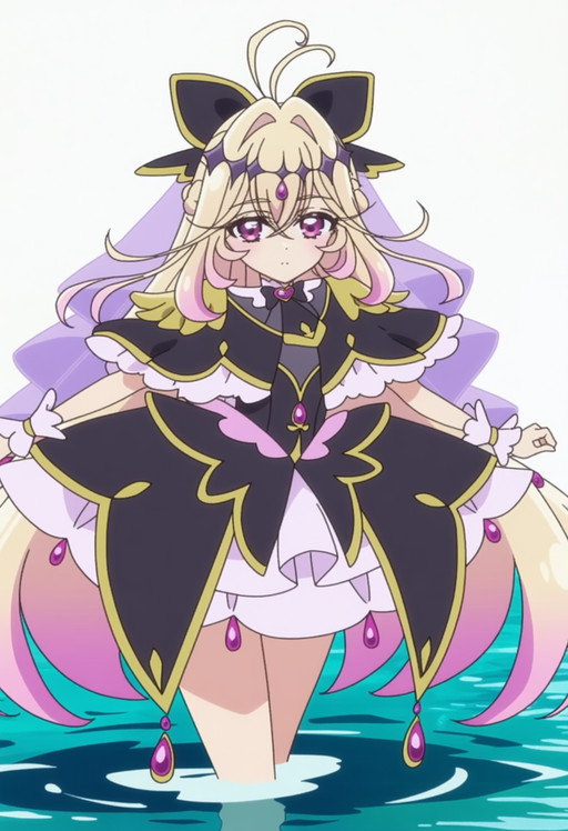 masterpiece, best quality, score_7, amazing quality,, cowboy shot, solo, looking at viewer, transparent background, simple background, white background, <lora:moria-luluka-anime-anima-lora-nochekaiser:1>, moria luluka, long hair, blonde hair, very long hair, purple eyes, pink hair, braid, purple hair, multicolored hair, hair bow, pink eyes, gradient hair, anime screencap, dress, frills, black dress, wrist cuffs, ascot, black bow, capelet, magical girl, veil, epaulettes, black capelet, legs over head, water, lake, river, waterfall,