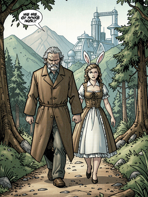 In the style line Colin Wilson, a old man in a long coat walks down a wilderness trail in the mountains, arm in arm with a woman wearing a victorian dress and bunny ears. A futuristic city in the background.