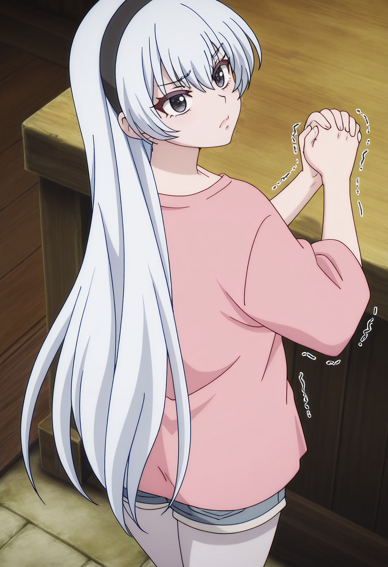    masterpiece, best quality, amazing quality, anime_screencap, anime_coloring, Eyes lowered in submission, soft pout, lips trembling slightly, face flushed, hands clasped nervously, showing vulnerability, MGYKrasia, long_hair, very_long_hair, hairband, black_hairband, white_hair, hair_between_eyes, grey_eyes,  solo, pink shirt, oversized shirt, oversized clothes, short shorts, pantyhose under shorts,  leaning to side, from behind, high-angle view, <segment:girl's face,0.55,0.2//cid=11> Eyes lowered in submission, soft pout, lips trembling slightly, face flushed, hands clasped nervously, showing vulnerability, MGYKrasia, long_hair, very_long_hair, hairband, black_hairband, white_hair, hair_between_eyes, grey_eyes, 
