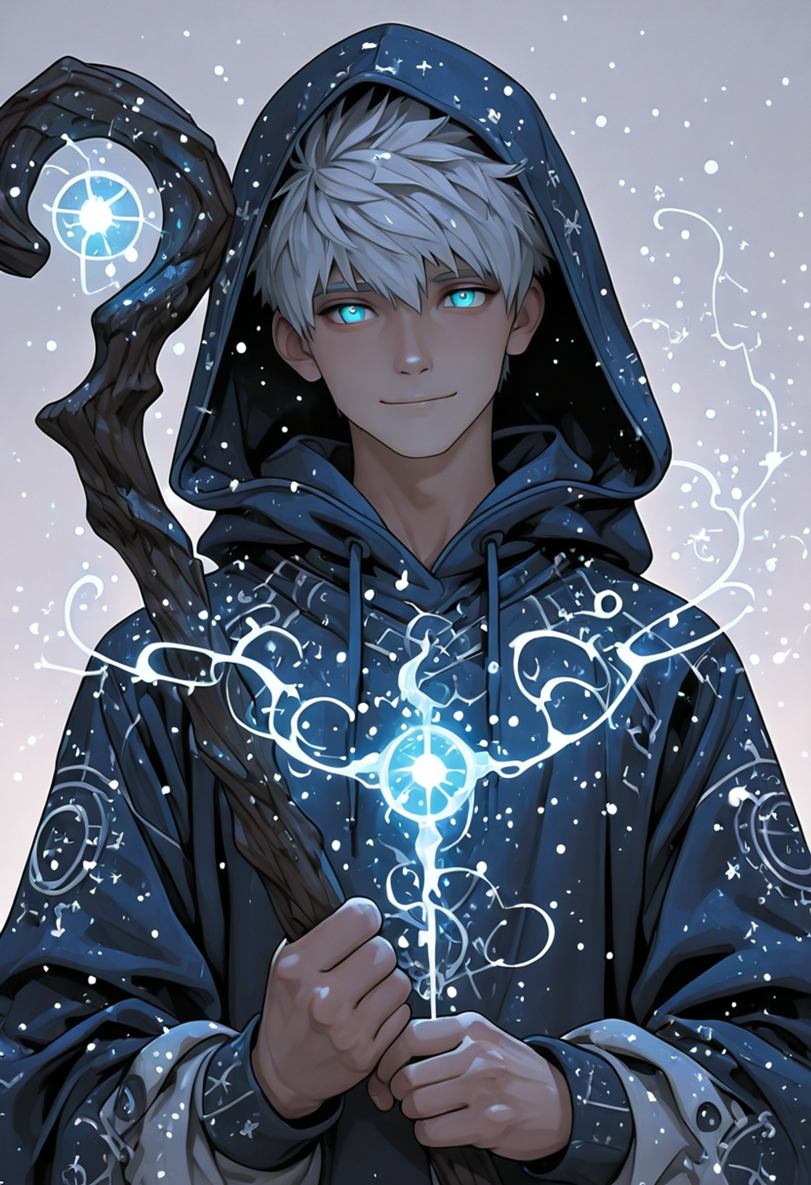 mikado, male focus, 1boy, upper body, close-up, solo, white hair, blue eyes, hood, staff, hoodie, glowing, magical, looking at viewer, winter aesthetic, soft smile, layered clothes, short hair, mystical atmosphere <lora:MIKADO_-_Style_epoch_8:1> <lora:Jack_Frost__Rise_of_the_Guardians_Illustrious-000005:0.5>