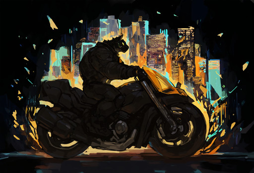 shards, disintegration, petals, abstract,  solo, furry male, bara, riding, motorcycle, cyberpunk, cityscape, from side,  very awa,masterpiece,best quality,year 2024,newest,highres,absurdres, mar15u_t9y0, painterly, thick lines,  <lora:ilu & noob\NOOB_vp1_detailer_by_volnovik_v1:1.0> <lora:test\marius_tygo_style_illu_1_2_(overbaked):0.8>