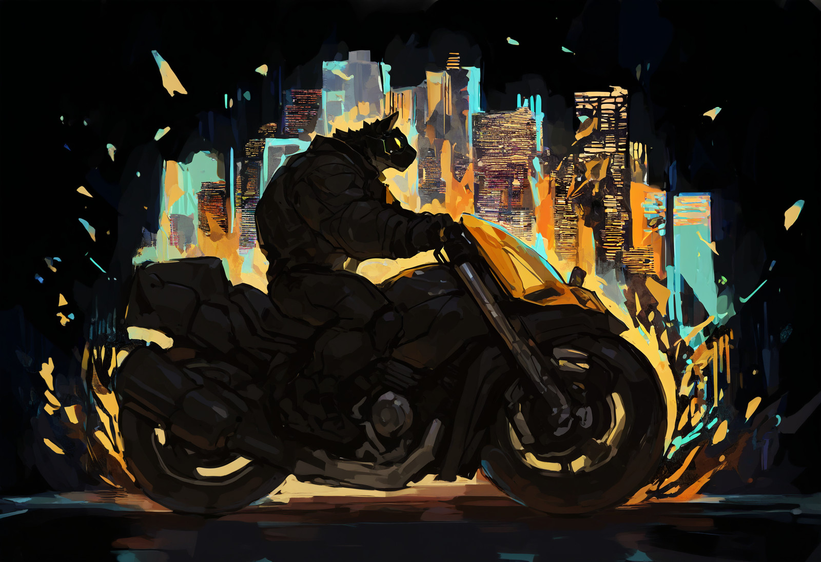 shards, disintegration, petals, abstract,  solo, furry male, bara, riding, motorcycle, cyberpunk, cityscape, from side,  very awa,masterpiece,best quality,year 2024,newest,highres,absurdres, mar15u_t9y0, painterly, thick lines,  <lora:ilu & noob\NOOB_vp1_detailer_by_volnovik_v1:1.0> <lora:test\marius_tygo_style_illu_1_2_(overbaked):0.8>