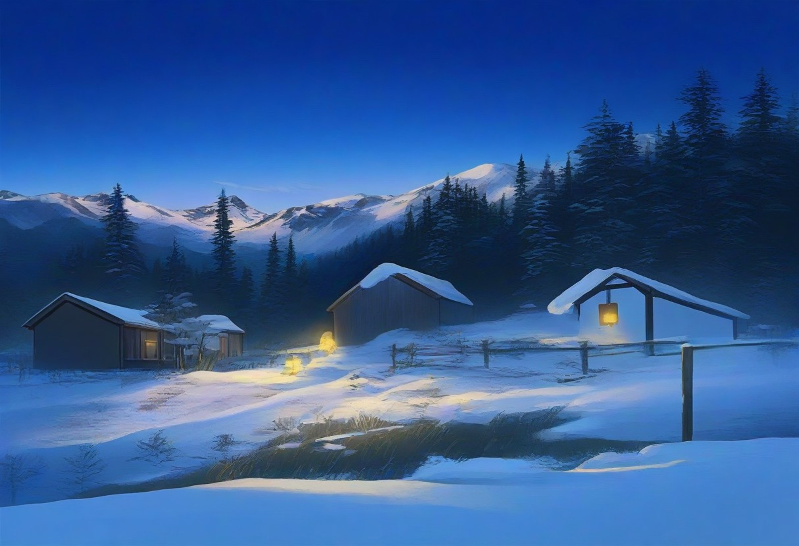 masterpiece, best quality, amazing quality, outdoors, rural homestead, snow, snowfall, night, nighttime, no humans