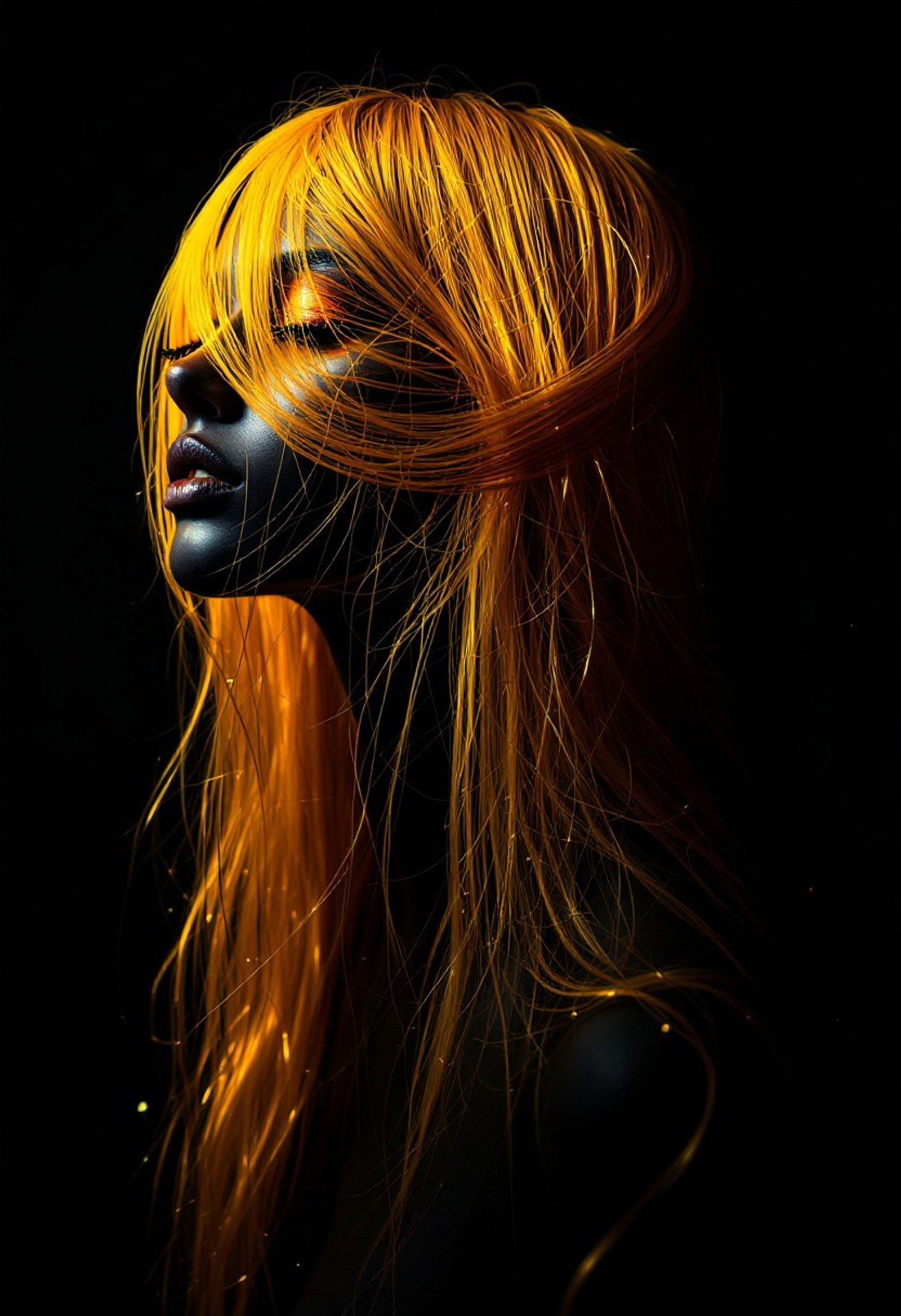 string art, black background, long golden thin hair, surrealism, suprematism, fluorescent, highly detailed, sharp focus, professional photoshoot, chiaroscuro lighting, masterpiece, hyper-realistic