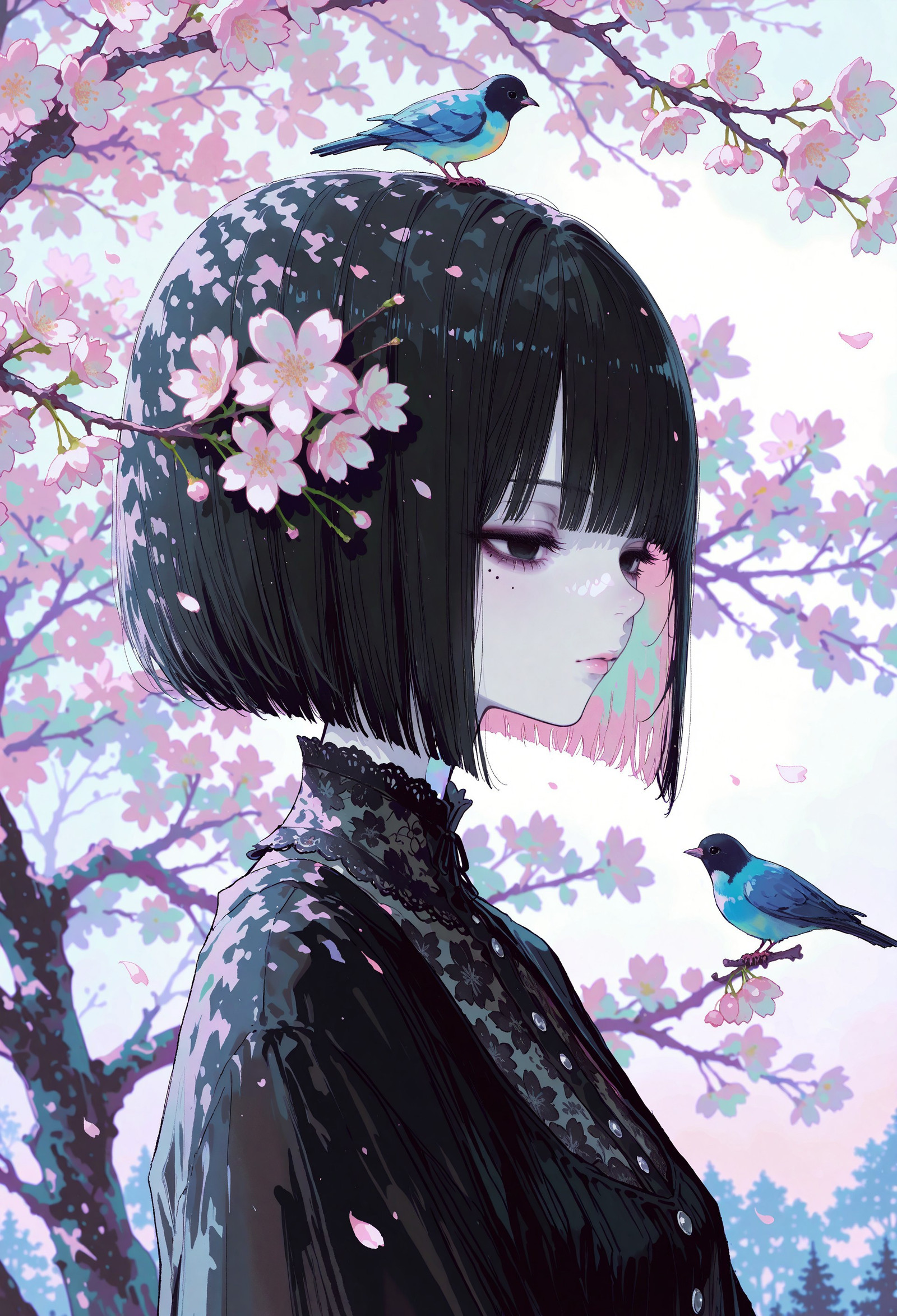 masterpiece,  best quality, good quality, very awa,  very aesthetic, absurdres, newest, 8k, HDR, focused subject,  1girl, solo, solid black hair, bob cut, detailed hair, flower hair ornament, black eyes, solid eyes, detailed eyes, pastel pink mascara, detailed face, nose, lips, mole under eye,expressionless, gazing, head up, pale skin, goth fashion,lace collard, colorful singing birds, birds on head,  sakura tree branches, cherry blossoms, floating, bright sunlight, dappled light, blurry sky background, floating petals, from side, three quarter profile, close up, bright theme, bloom, pastel colors, limited palette, painterly, traditional media, intricate, 15546+456868, r17329_illu,