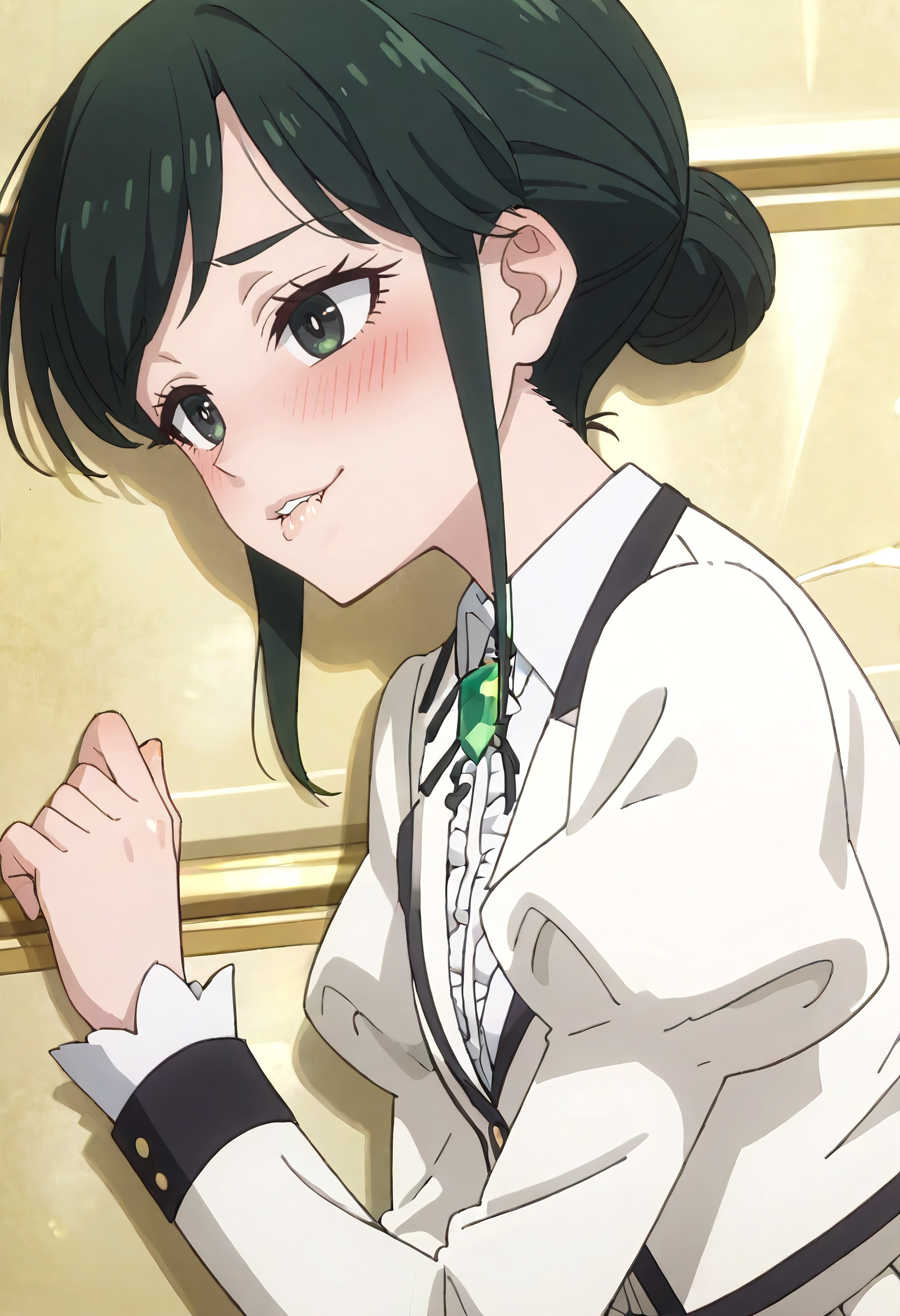    score_9, score_8_up, score_7_up, source_anime, anime_screencap, detailed_face, Desire, biting lip, eyes narrowed, deep blush, cocked head, wild gaze, RWLSonoko, black_hair, sidelocks, hair_bun, short_hair, black_eyes, single_hair_bun, swept_bangs,  solo, SonokoSchool, long_sleeves, puffy_sleeves, juliet_sleeves, white_jacket, white_dress, brooch, pleated_dress, jewelry, green_gemstone, cropped_jacket, school_uniform, frills, bolo_tie, gem, center_frills, collared_dress, long_dress, black_pantyhose, black_footwear, shoes,  lying, on side, from side, side view, cowboy shot, <segment:girl's face,0.55,0.2//cid=11> absurdres, masterpiece, detailed face, perfect face, correct face, perfect anatomy, accurate, sharp lines, beautiful, extremely detailed, source_anime, anime screencap, Desire, biting lip, eyes narrowed, deep blush, cocked head, wild gaze, RWLSonoko, black_hair, sidelocks, hair_bun, short_hair, black_eyes, single_hair_bun, swept_bangs, 