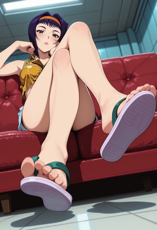 5toes, masterpiece, best quality, amazing quality, very aesthetic, intricate details, depth of field, cel shading,
full body shot, looking at viewer, sitting on sofa, crossed legs, feet, perfect feet, toenails, blush, (black) flip-flops, flip-flops dangle, horny,
Faye Valentine casual outfit,
spaceship background, view from below, side view, head rest, hand on own face,
Faye Valentine, purple hair, lipstick, green eyes, makeup, hairband, short hair, skinny, presenting her feet, detailed soles, foot focus, curious expression, dynamic angle,