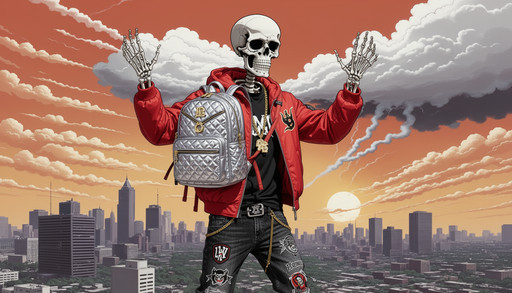 a skeleton with hip-hop clothes on and a red jacket and a platinum back pack with hands up as if dancing, 
