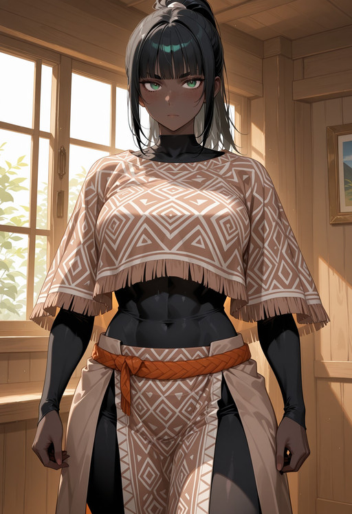 best_quality, masterpiece, highres,
indoors, ancient_house, wooden_cabin,
inca, incan, ancient_world, 

woman, 30_year_old, (very dark skin:1.2), very_dark_skin, african, (very_dark_skin: 1.3),  medium_breasts, green_eyes, (((black_hair))), ((blunt_bangs)), medium_hair, short_high_ponytail, side_locks, (straight_hair), freckles, ((freckles_on_face)), thick_eyebrows, tall, slightly_muscular, toned,

serious_expression,

((incan_inspired_clothing:1.2)),
((closed_short_poncho:1.2, triangle_poncho)),
midriff,

split_side_skirt,
long_overskirt,


((light_brown_clothes)),
((geometric_woven_trim:1.2, andes_pattern_trim:1.2)),

cloth_belt,
(black_bodystocking_underclothes),