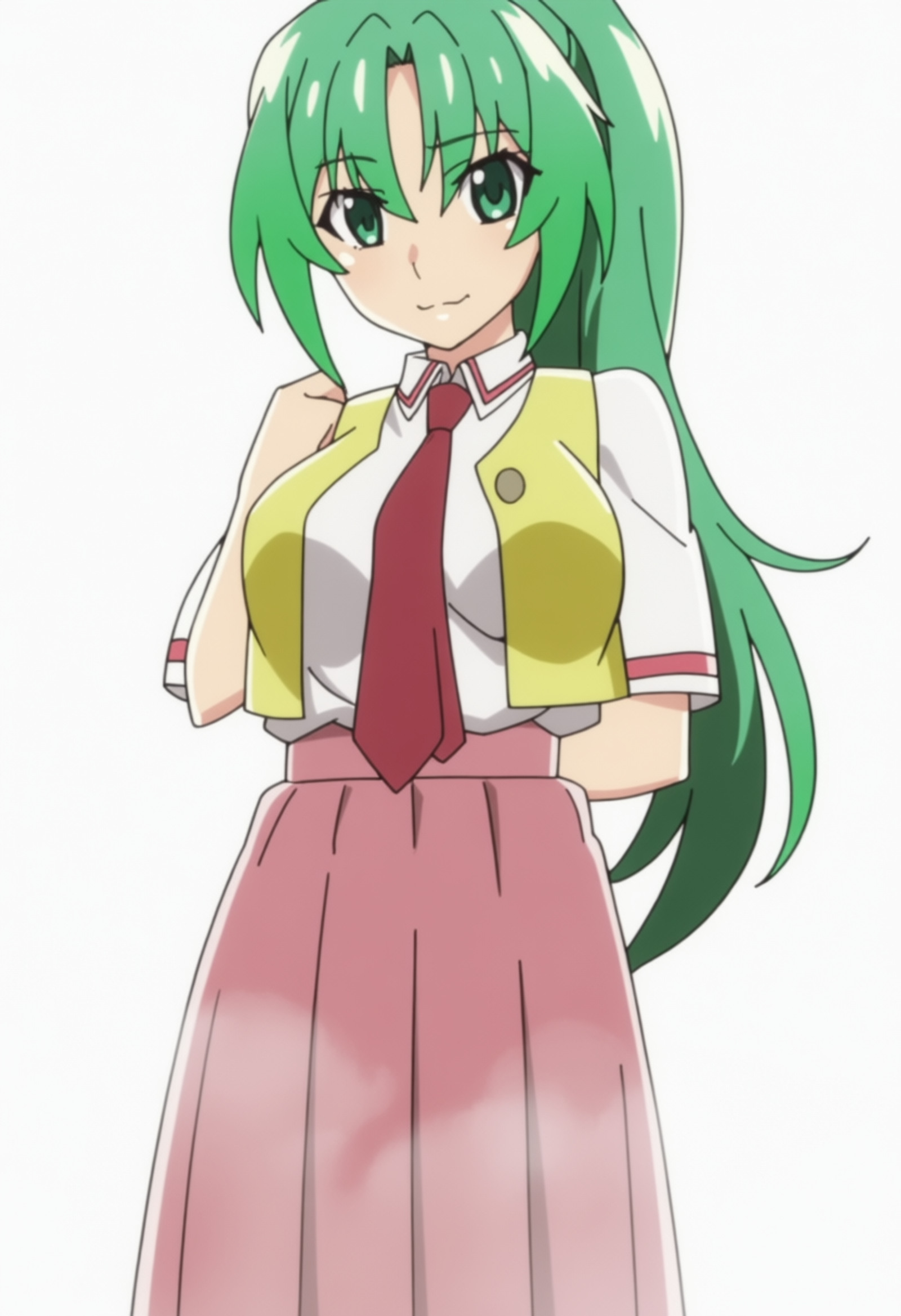 masterpiece, best quality, score_7, amazing quality,, cowboy shot, solo, looking at viewer, transparent background, simple background, white background, <lora:mion-sonozaki-s4-anima-lora-nochekaiser:1>, mion sonozaki, sonozaki mion, long hair, green eyes, ponytail, green hair, mature female, large breasts, anime screencap, skirt, shirt, white shirt, short sleeves, necktie, vest, red necktie, pink skirt, high-waist skirt, long skirt, open vest, yellow vest,, head on chest, geyser, steam, water, hot spring, eruption,