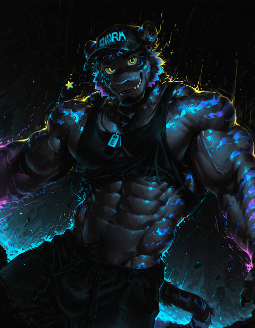 by Ango76, masterpiece, best quality, amazing quality, very aesthetic, absurdres, newest, tr1p, expressive, 1boy, solo, anthro, male, mature, bara, (artistic), (chromatic aberration:1.5), (texture:1.5), depth of field, (motion blur), (motion lines:1.4),(particles), dutch angle, dynamic view, glow, outline,
tiger, black beard, (beard:1.4), bald, green eyes, tail, smiling facial expression with star, looking at viewer, (extremely muscular male:1.3), (extremely defined muscles:1.6), (masculine face:1.3),
x baseball cap, tag necklace, (dynamic pose:1.5), (wide angle:1.5),
(colorful gradient glowing tiger stripes:1.5), dark background, 2D, color silhouette, intense, limited palette, 
<lora:Trap_the_scrap:1>
 <lora:DynamicPoseIL2att_alpha1.0_rank4_noxattn_900steps:1>