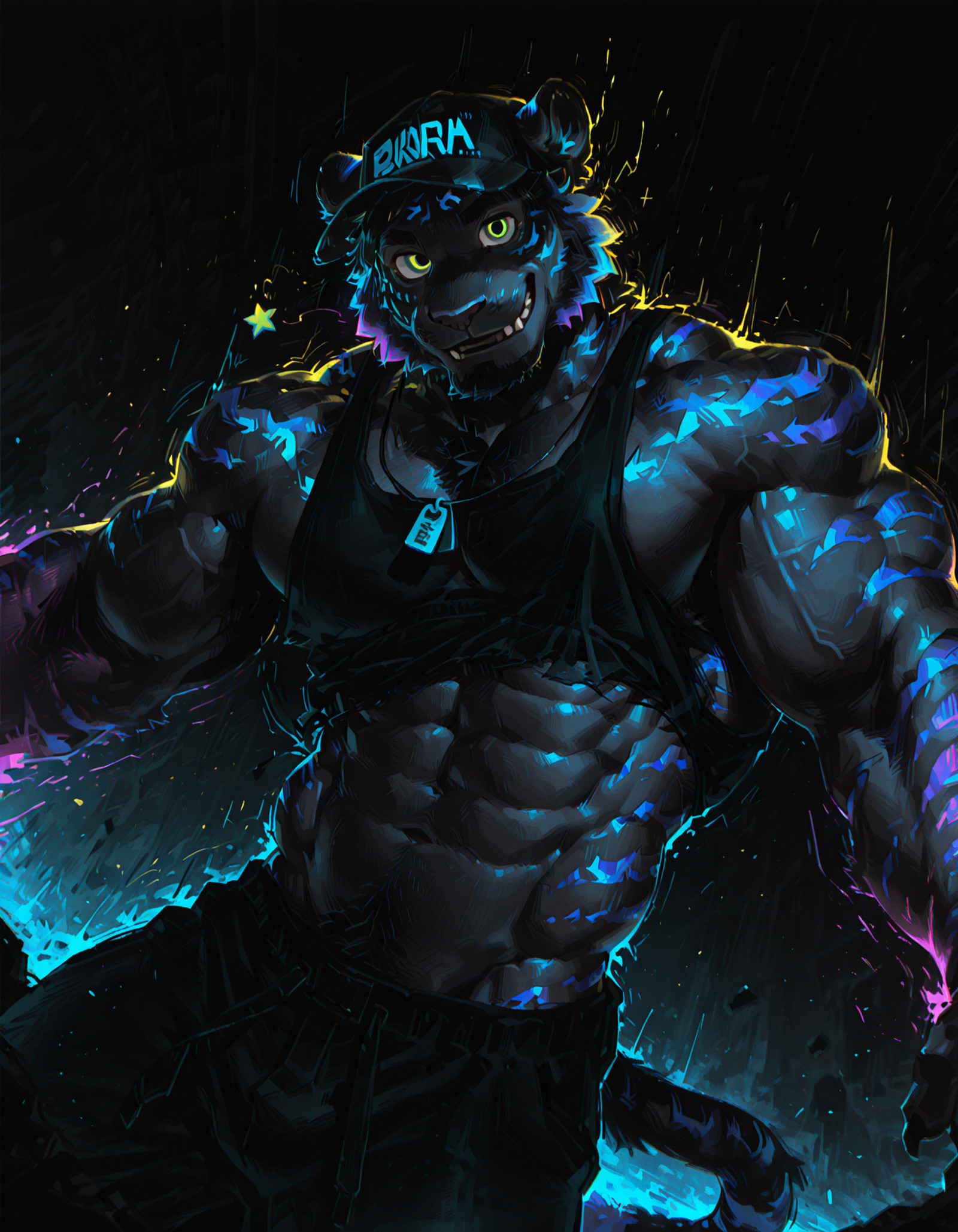 by Ango76, masterpiece, best quality, amazing quality, very aesthetic, absurdres, newest, tr1p, expressive, 1boy, solo, anthro, male, mature, bara, (artistic), (chromatic aberration:1.5), (texture:1.5), depth of field, (motion blur), (motion lines:1.4),(particles), dutch angle, dynamic view, glow, outline,
tiger, black beard, (beard:1.4), bald, green eyes, tail, smiling facial expression with star, looking at viewer, (extremely muscular male:1.3), (extremely defined muscles:1.6), (masculine face:1.3),
x baseball cap, tag necklace, (dynamic pose:1.5), (wide angle:1.5),
(colorful gradient glowing tiger stripes:1.5), dark background, 2D, color silhouette, intense, limited palette, 
<lora:Trap_the_scrap:1>
 <lora:DynamicPoseIL2att_alpha1.0_rank4_noxattn_900steps:1>