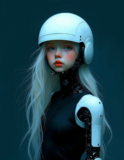 cinematic still Minimalist painting of a young teen albino cyborg girl by Albert Lynch, Abbott Handerson Thayer, highly detail, best quality, sci-fi, mechanical joints, black tight bodysuit, dark blue outline, futuristic helmet, visor glass, dynamic pose, dark blue outline, innocent, serene, white skin, pale skin, blue eyes, long flowing white hair, red lips, petite body, ultra detailed, romantic, Rembrandt lighting, brush strokes, warm light, magic, extremely coherent, cute, beautiful, cinematic, stunning, creative, positive, cheerful, unique, cool, inspiring, pure, rational, very inspirational, friendly, thought, glowing, magical, perfect, intricate, wonderful, lovely, del1cate_balance style, in the style of Rembrandt. vantablack <lora:style_of_Rembrandt_FLUX_135:.8> <lora:- Flux1 - vanta_black_V2.0:.8>  <lora:Delicate_Balance:.3> <lora:neeeg_f1:-1>