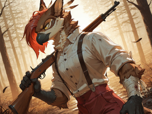 detailed, (sharp focus:1.15), outdoors, forrest, fog, backlighting, early morning, depth of field, detailed feather, volumetric lighting

solo, 1 owl man tracking a trail on the ground, one_kne_on_the_ground, avian, short and parting red hair, yellow eyes, even eyes, head tilted, short beak, stern expression, brown fur, (body feather, body fur, bodyfur:1.2), feathers, brown bird, blonde feathers, sturdy build, white shirt, rolled up sleeves, bandaged arm, dirty bandage, black west, red trousers, suspenders, black hands, winchester rifle in hand, sharp fingers, upper body, dynamic angle, color contrast,


