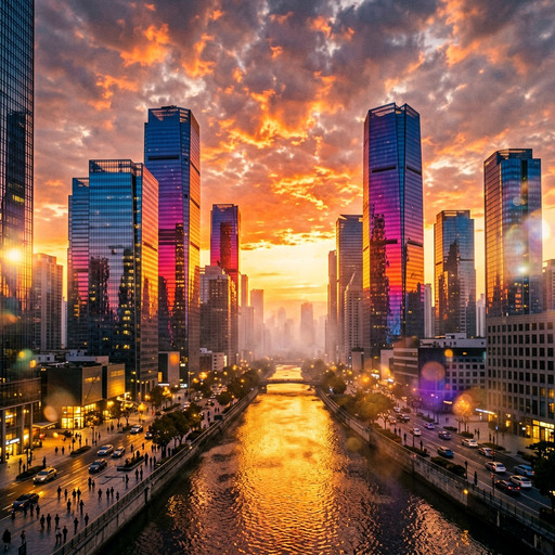 A spectacular sunset transforming a modern metropolis into a realm of glass and fire. Skyscrapers become prismatic towers, reflecting cascading bands of tangerine, fuchsia, and indigo across their facades. The sky is a turbulent canvas of altocumulus clouds, backlit into glowing embers. Below, the city awakens with warm artificial lights that compete with the dying natural radiance. A river cuts through the urban grid, carrying streaks of reflected sunset like molten lava between concrete canyons. Pedestrians and vehicles become anonymous silhouettes in the golden haze. Atmospheric perspective softens distant architecture into pastel dreams. The image balances geometric human construction with organic celestial drama. Lens flare and bokeh effects enhance the dreamy quality. Ultra-sharp architectural details contrast with soft ethereal sky, creating a powerful juxtaposition of civilization and cosmos.