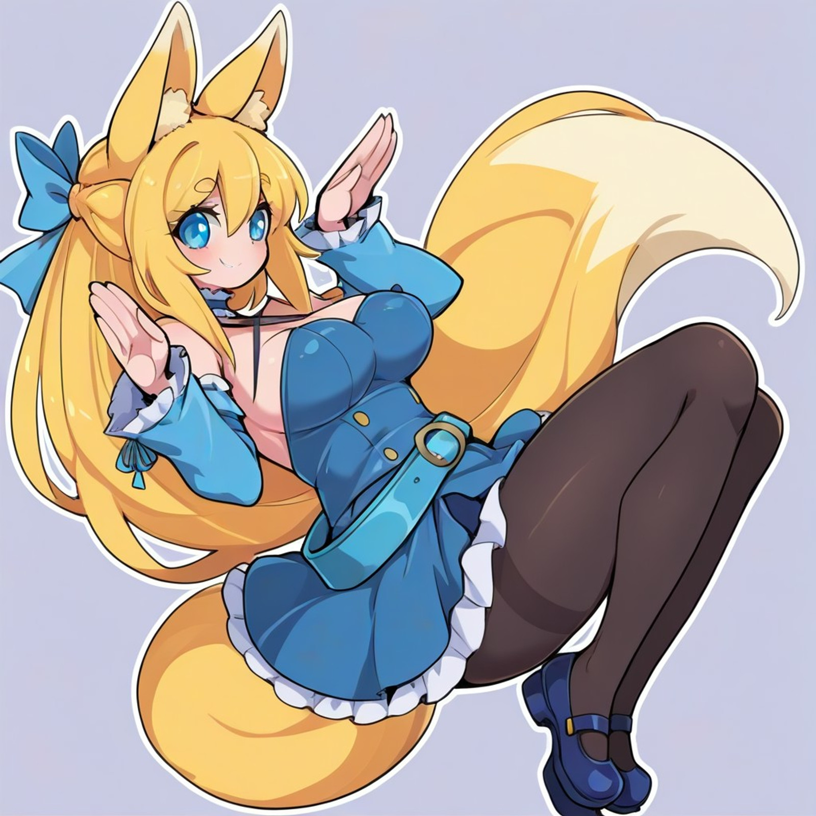 <lora:pochincoff:0.9> pochincoffILL, fox ears, animal ear fluff, fox tail, rabbit pose, smile,, masterpiece, best quality, high quality, highres, 4k, newest, very awa, anime,, <lora:MCMarina:1> MCMarinaAwk, blue eyes, blonde hair, french braid, half updo, very long hair, hair ribbon, blue ribbon, frilled choker, blue choker, criss-cross halter, sleeveless dress, backless dress, frilled dress, two-tone dress, blue dress, layered dress, detached
 sleeves, frilled sleeves, wide sleeves, blue sleeves, blue belt, black pantyhose, mary janes, blue footwear,,from side,from below